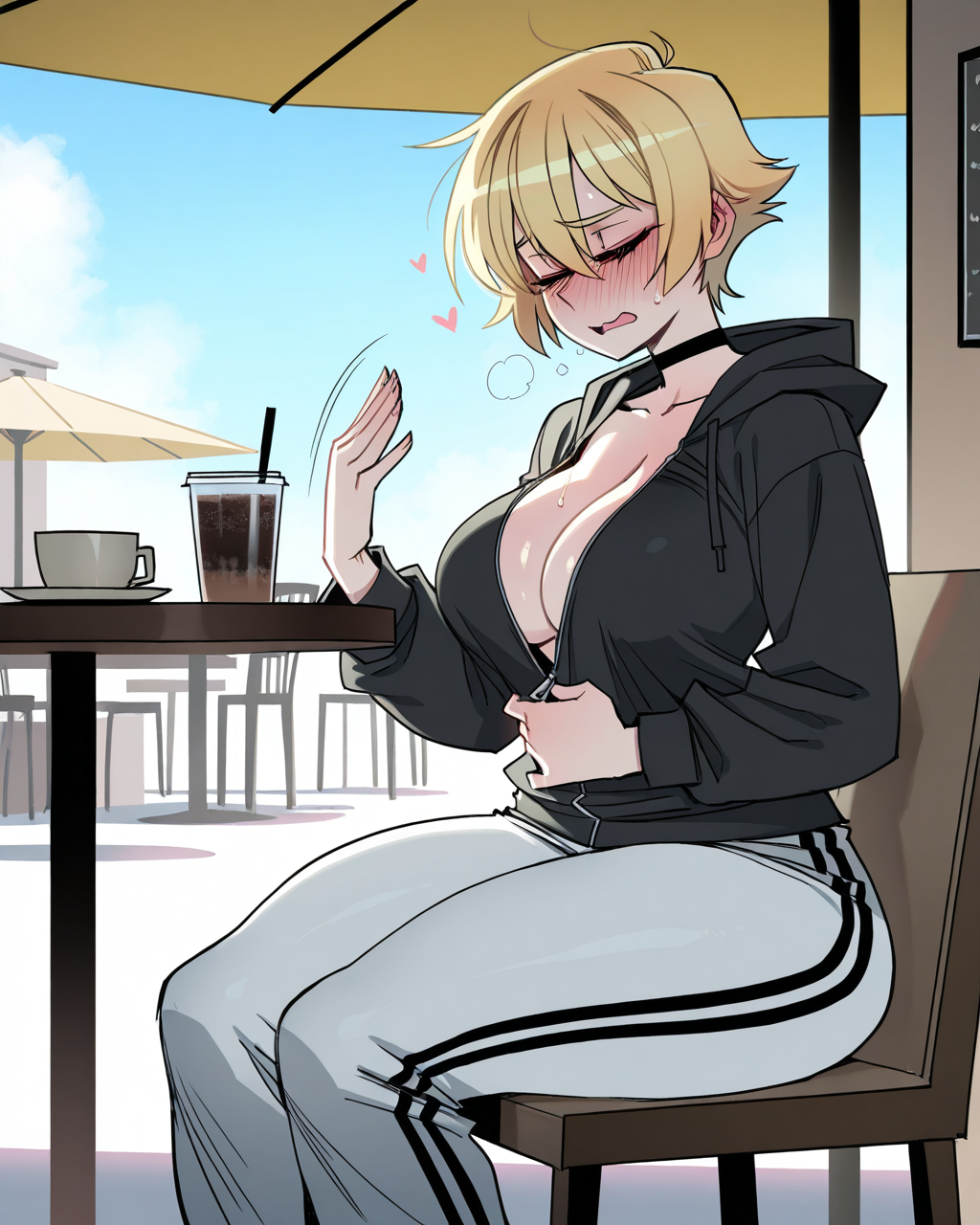 11_22 1girls ai_generated black_choker black_hoodie blonde_hair blue_eyes blush cafe chair choker cleavage closed_eyes embarrassed fanning_self genderswap_(mtf) heart heavy_breathing hoodie huge_breasts large_breasts motion_lines nervous oc open_mouth original original_character outdoors outside rule_63 rule_63 short_hair sitting sky sun sunny sweat sweating sweatpants table thick_thighs tomboy umbrella unzipped unzipping v-neck wide_hips zipper