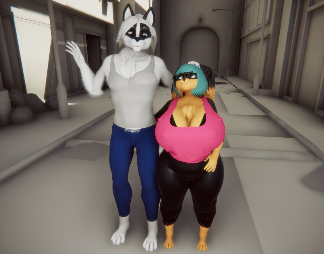 3d anthro anthro_only big_breasts blue_hair breasts cleavage female furry huge_breasts malik_(jwinkz) mobiusscarf shortstack size_difference thick_thighs white_hair wide_hips zoey_(jwinkz)