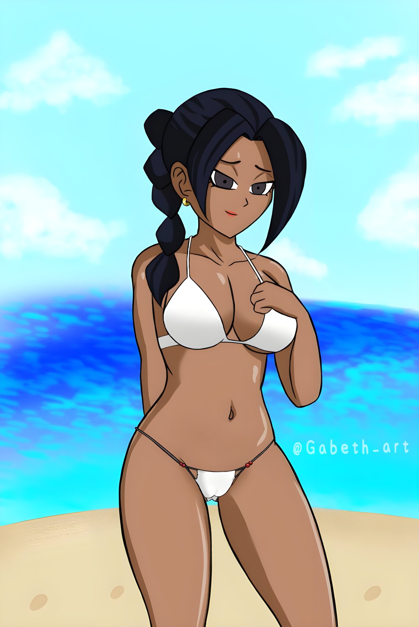 beach bikini brown_hair brown_skin dragon_ball dragon_ball_super kale ponytail saiyan saiyan_girl