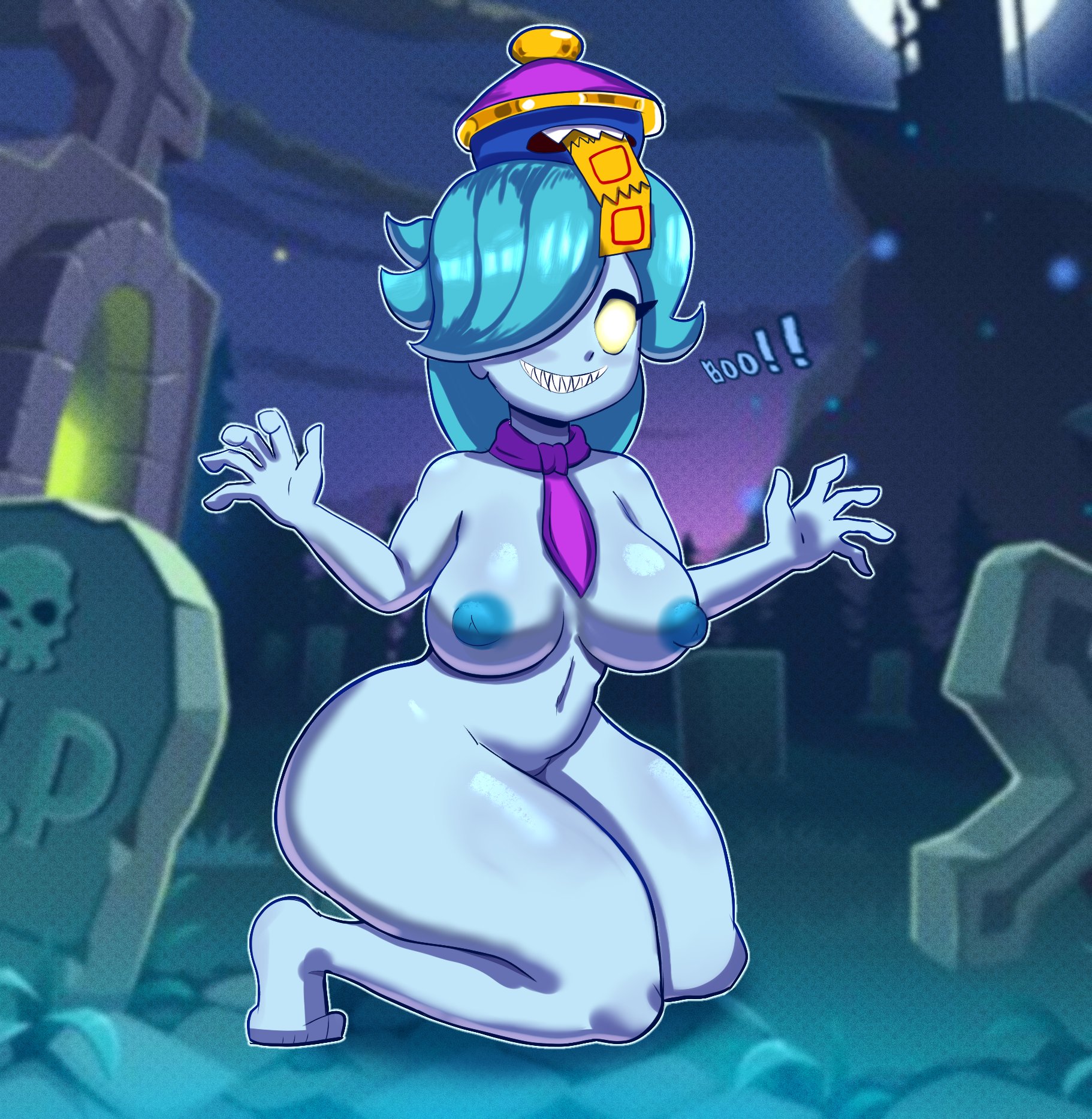 1girls, areolae, blue hair, blue skin, brawl stars, breasts, colette (brawl stars), female, graveyard, hair over one eye, hat, inspector colette, medium breasts, medium hair, navel, nipples, sharp teeth, smile, solo, suglir, thick thighs, thighs, tie, yellow eyes