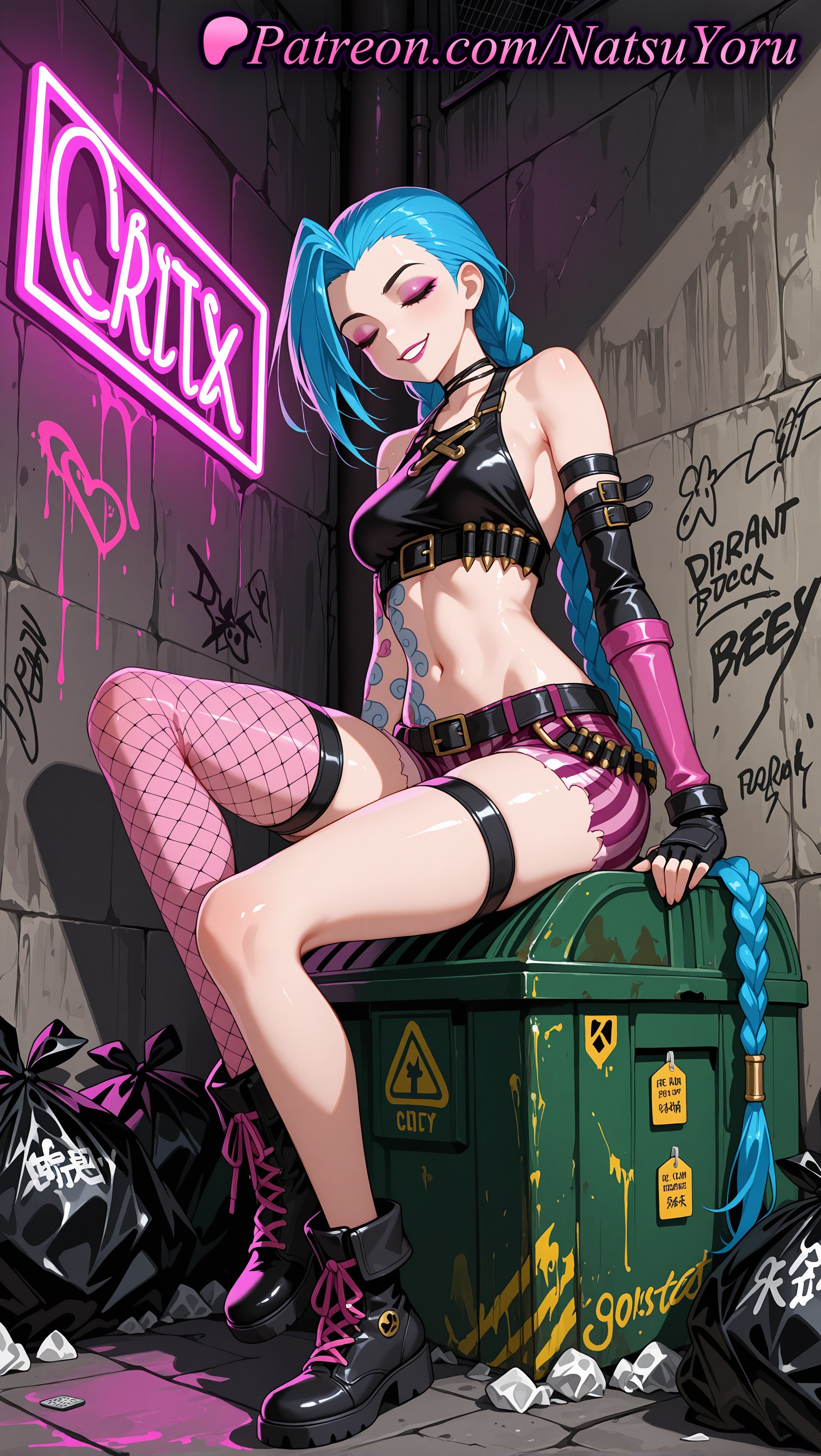 1girls, 2025, ai assisted, ai generated, anime, anime style, arcane, arm tattoo, asymmetrical bangs, asymmetrical clothes, asymmetrical legwear, bangs, bare shoulders, belt, black footwear, black gloves, blue hair, boots, braid, breasts, bullet, bust, busty, choker, closed eyes, clothing, crop top, elbow gloves, eyeshadow, female, female focus, female only, fingerless gloves, fishnet stockings, fishnet thighhighs, fishnets, footwear, full body, gloves, graffiti, grin, hi res, high quality, high resolution, highres, jinx (league of legends), league of legends, league of legends: wild rift, lipstick, long hair, long nails, makeup, medium breasts, midriff, nail polish, natsuyoru, navel, patreon, pink eyes, pink eyeshadow, pink lips, pink shorts, pink thighhighs, riot games, shiny, shiny hair, shiny skin, shoes, short shorts, shorts, shoulder tattoo, single thighhigh, sitting, skindentation, smile, solo, solo female, stable diffusion, stockings, stomach, stomach tattoo, striped, striped clothes, striped shorts, tattoo, thigh strap, thighhighs, thighs, trash, trash bag, trash can, twin braids, very long hair, voluptuous, voluptuous female
