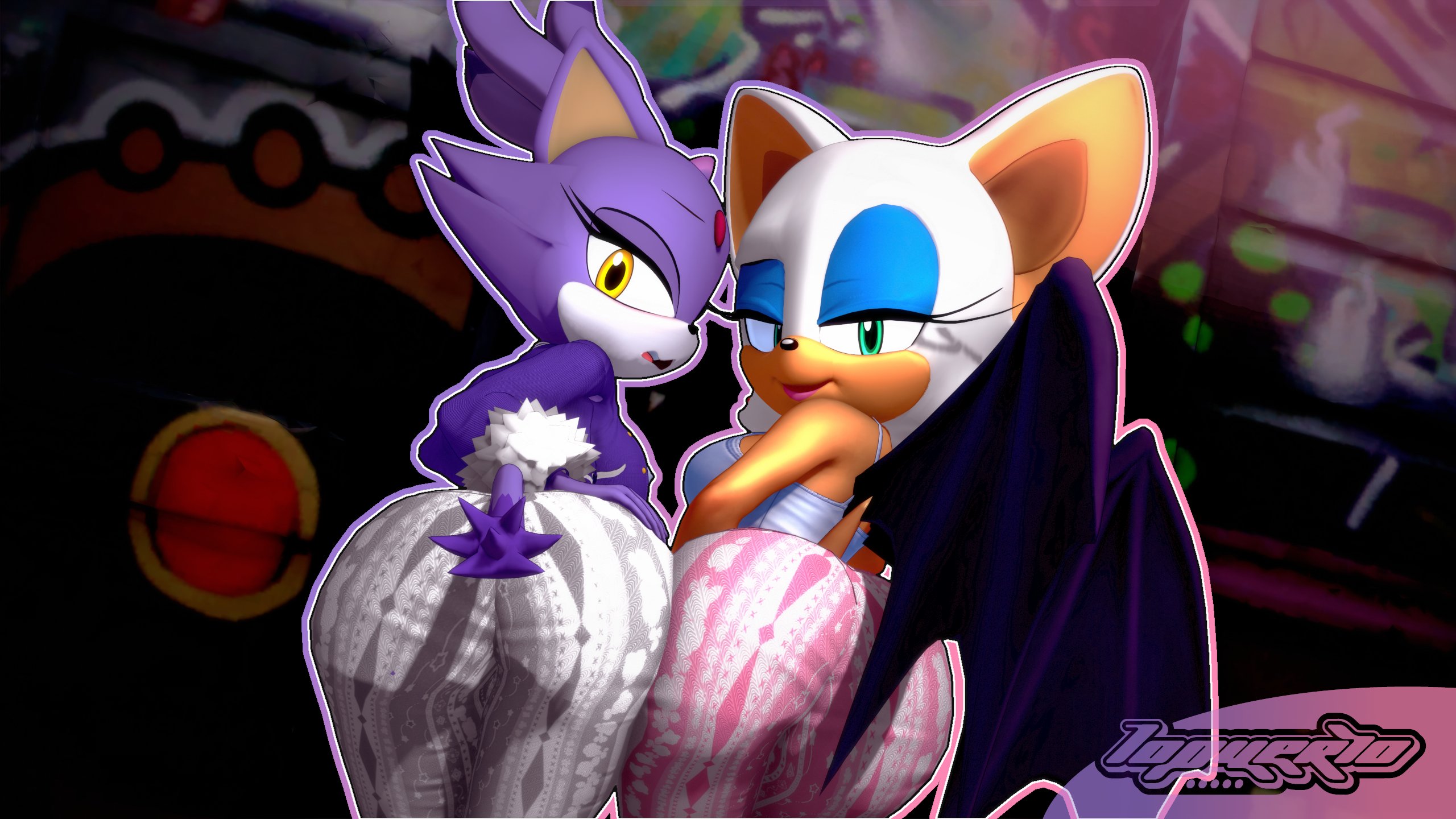 2girls, 3d, 3d model, anthro, anthro female, anthro only, ass, blaze the cat, female, flare pants, forbidden pants, furry, furry female, furry only, huge ass, iopuerto, koikatsu, looking at viewer, mobian, mobian (species), mobian bat, rouge the bat, sega, sonic (series), sonic adventure 2, sonic the hedgehog (series), tagme, voluptuous