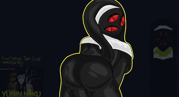 1girls 3_eyes ass ass_focus bent_over big_ass big_breasts black_head blue_background breasts clothed dark_sakura_(yubin_niiku) dark_skin dat_ass father_jakub_(yubin_niiku) female female_focus female_only fully_clothed gluttony_(yubin_niiku) gordy_(yubin_niiku) hands_on_legs incredibox_mod incredilover no_hair nun nun_outfit polo_(incredibox) red_eyes suggestive yubin_niiku yubin_niiku_the_orphanage