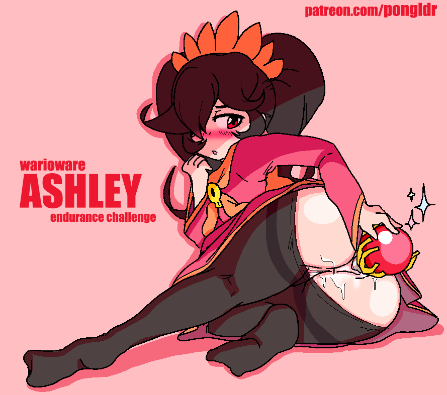 aliasing anal anal_object_insertion anus artist_name ashley_(warioware) ass bangs black_hair black_legwear blush character_name copyright_name dress female flat_chest from_behind full_body hair_over_one_eye hairband half-closed_eyes hand_up long_sleeves looking_back lying mario_(series) masturbation neckerchief nintendo nose_blush object_insertion on_side open_mouth orange_hairband orange_neckwear pantyhose pantyhose_pull patreon_username pongldr pussy red_background red_dress red_eyes simple_background solo sparkle staff sweat thighband_pantyhose tied_hair twintails warioware watermark web_address