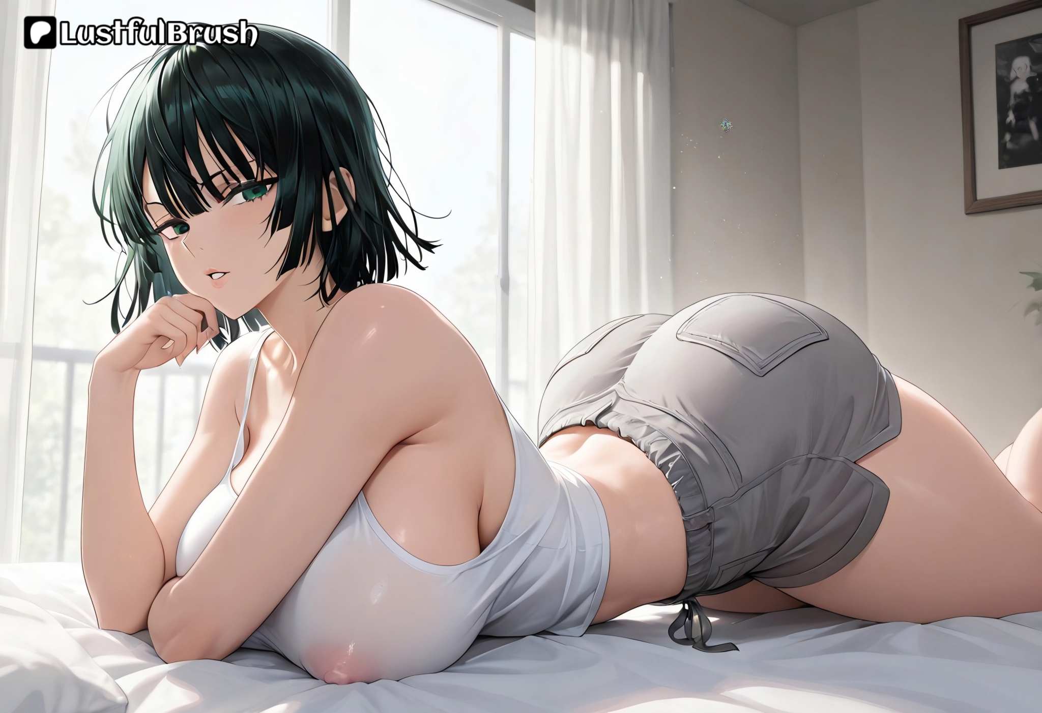 ai generated, breasts, female, female only, fubuki (one-punch man), green hair, huge breasts, lying on bed, one-punch man, round breasts, shorts, tank top, thick thighs
