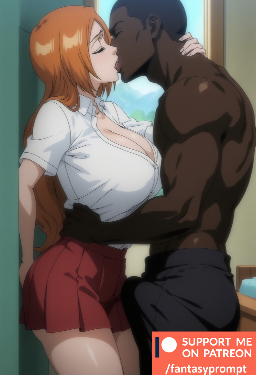 1boy against_wall ai_generated anime bedroom black_pants bleach breasts_squeezed_together bulge bulge_through_clothing cheating cleavage cuckold dark-skinned_male fantasyprompt female french_kiss french_kissing huge_breasts inoue_orihime kissing long_hair muscular muscular_male narrow_waist orange_hair red_skirt school_uniform schoolgirl short_skirt slim_waist tight_clothing tight_fit topless topless_male white_shirt wide_hips