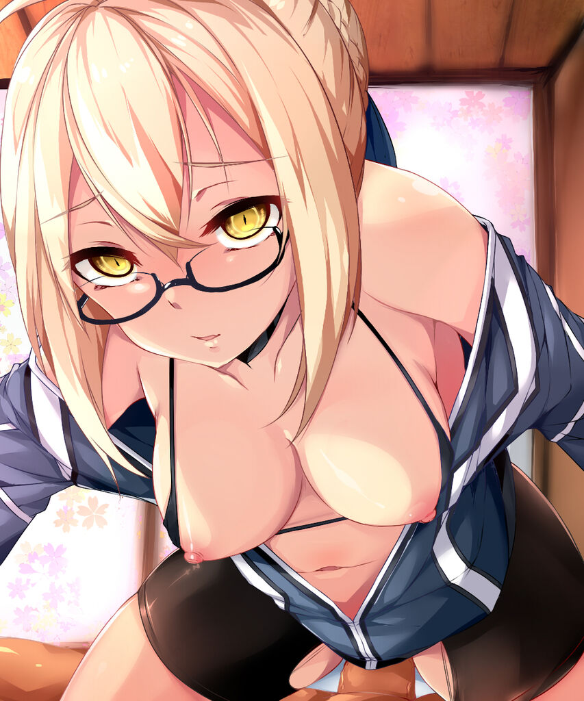 1boy, ahoge, artoria pendragon, bangs, black legwear, black shorts, black-framed eyewear, blonde hair, blush, braid, clothed sex, cowgirl position, dark persona, erect nipples, eyebrows visible through hair, fate (series), fate/grand order, female, from front position, glasses, hair between eyes, hair bun, highres, indoors, jacket, male, mysterious heroine x (alter), nipples, penis, pov, semi-rimless eyewear, sex, shorts, sidelocks, straddling, under-rim eyewear, yellow eyes, zuo wei er