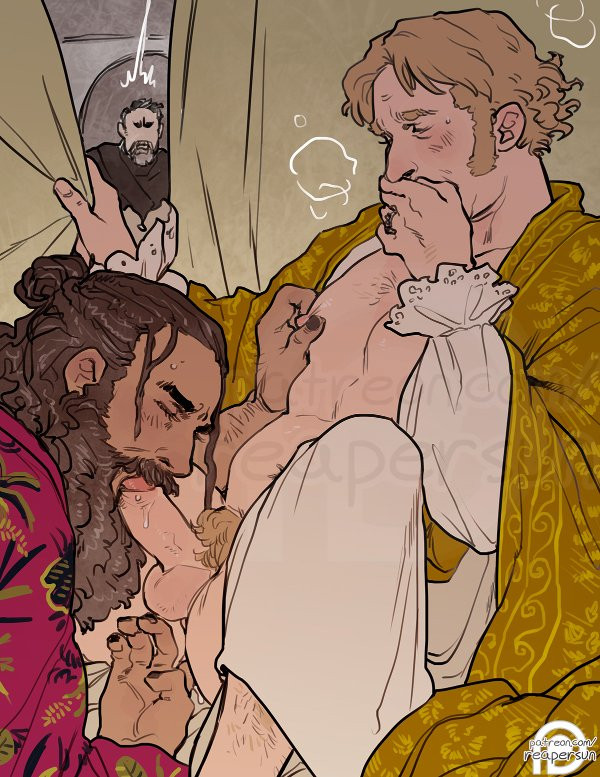 2boys 2males bara bara_tiddies bara_tits barazoku blackbeard blowjob blush breath_cloud curtain curtain_grab dressing_gown edward_teach fancy_clothing fingering frilled_shirt hand_over_mouth izzy_hands long_hair long_hair_male nightgown nipple_pinch old_man_yaoi our_flag_means_death overstimulation pinching_nipples reapersun robe saliva saliva_trail stede_bonnet walking_in_on yaoi