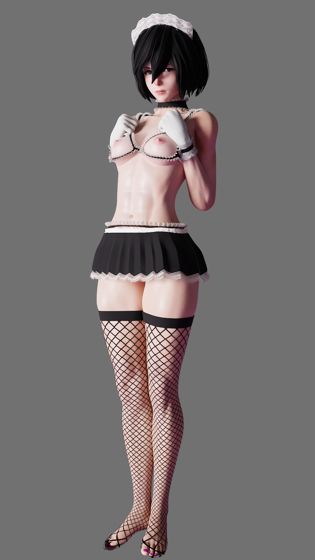 1girls, 3d, abs, areolae, attack on titan, black socks, blender, breasts, female, female only, fishnet thighhighs, fishnets, kruel-kaiser, light skin, light-skinned female, looking at viewer, maid, maid headdress, maid uniform, mikasa ackerman, nipples, pale skin, pale-skinned female, socks, solo, thigh socks, thighhighs