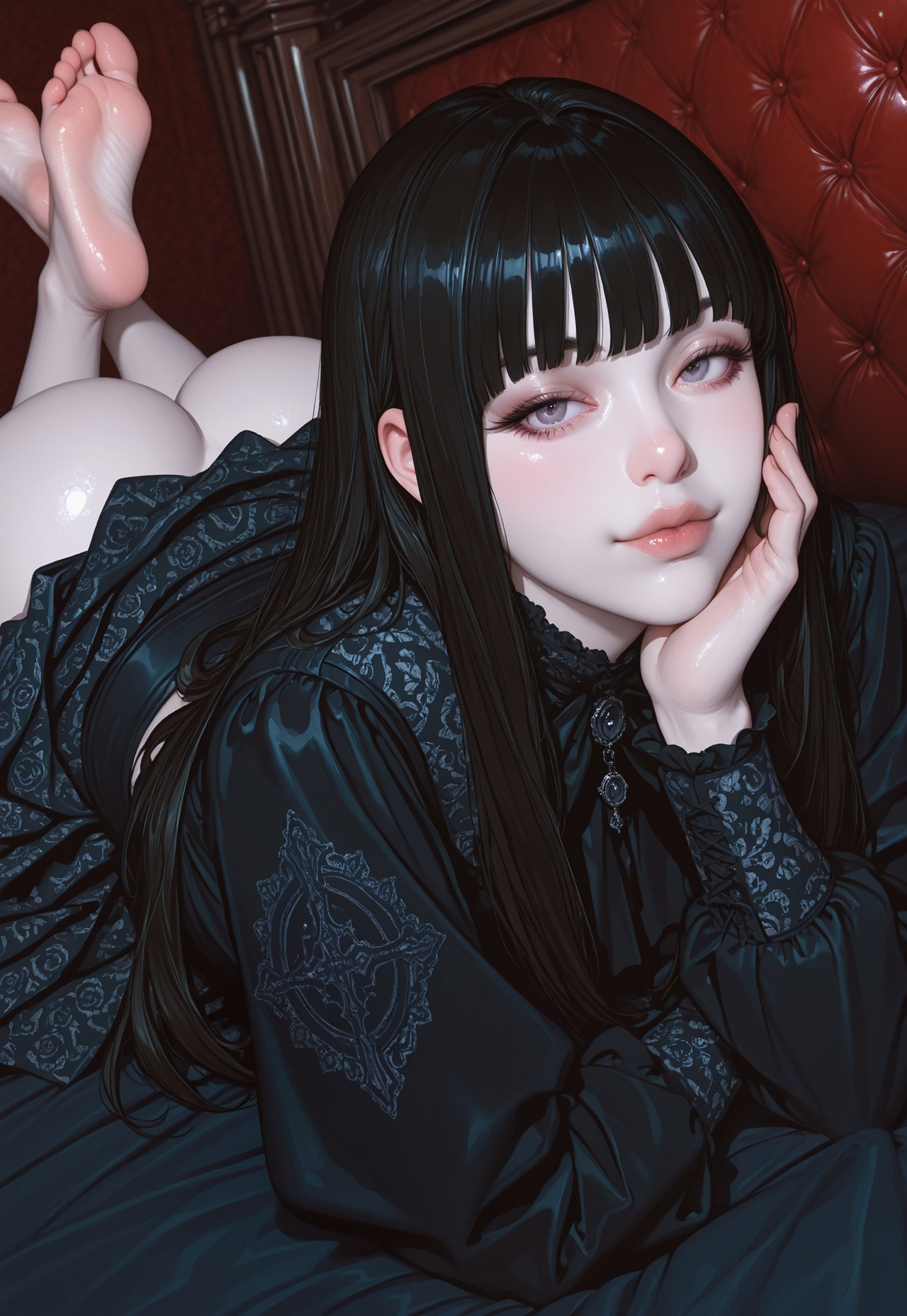 ai generated, amaranthine, ass, bare ass, big ass, civitai, dark hair, dress, feet, feet up, female, goth girl, heiress of the hidden halls, hime cut, laced corset, lying on bed, lying on stomach, pale skin, toes, victorian dress