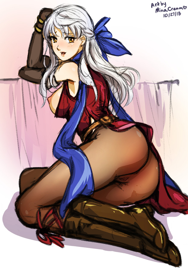 1girls, 2018, areolae, artist name, boots, breasts, clothing, dated, female, female only, fire emblem, fire emblem: radiant dawn, hair, long hair, micaiah (fire emblem), minacream, nintendo, nipples, pussy, see-through, sideboob, solo, video games, watermark, white hair