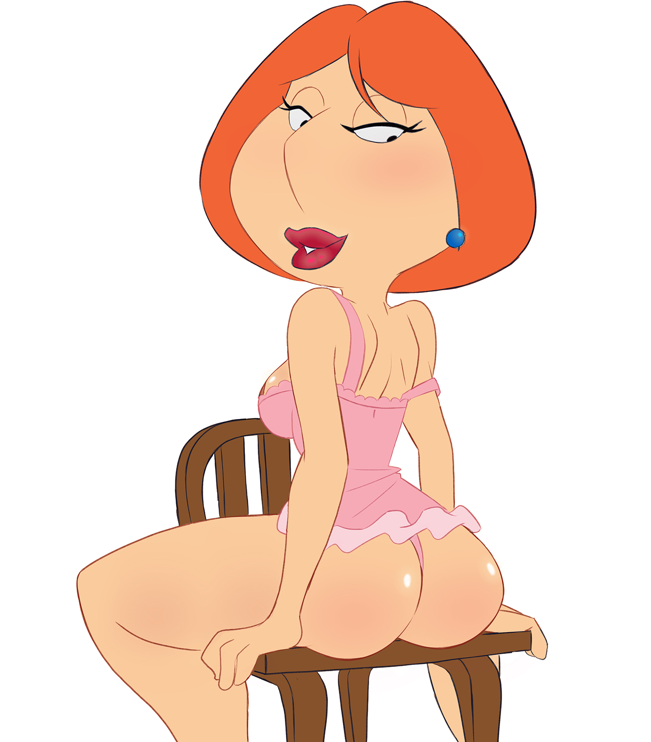 1girls, ass, chair, datguyphil, family guy, female, female only, lingerie, lipstick, lois griffin, looking over shoulder, red hair, sitting, solo, straddling