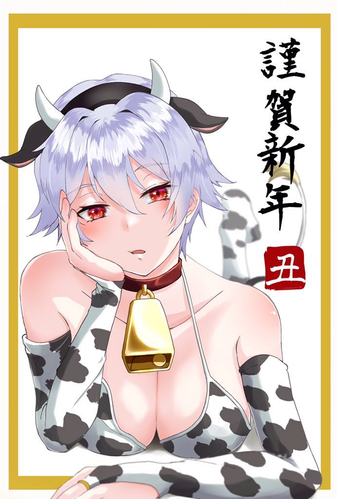 alternate_costume big_breasts bikini bridal_gauntlets canon_genderswap chinese_zodiac cleavage collar cow_bikini cow_ears cow_girl cow_horns cow_print cow_print_armwear cow_print_bikini cow_print_thighhighs cow_tail cowbell female female_only genderswap_(mtf) ginko_sakata gintama gintoki_sakata looking_at_viewer new_year on_stomach red_eyes rule_63 short_hair silver_hair solo sugibaa_g very_short_hair white_hair year_of_the_ox