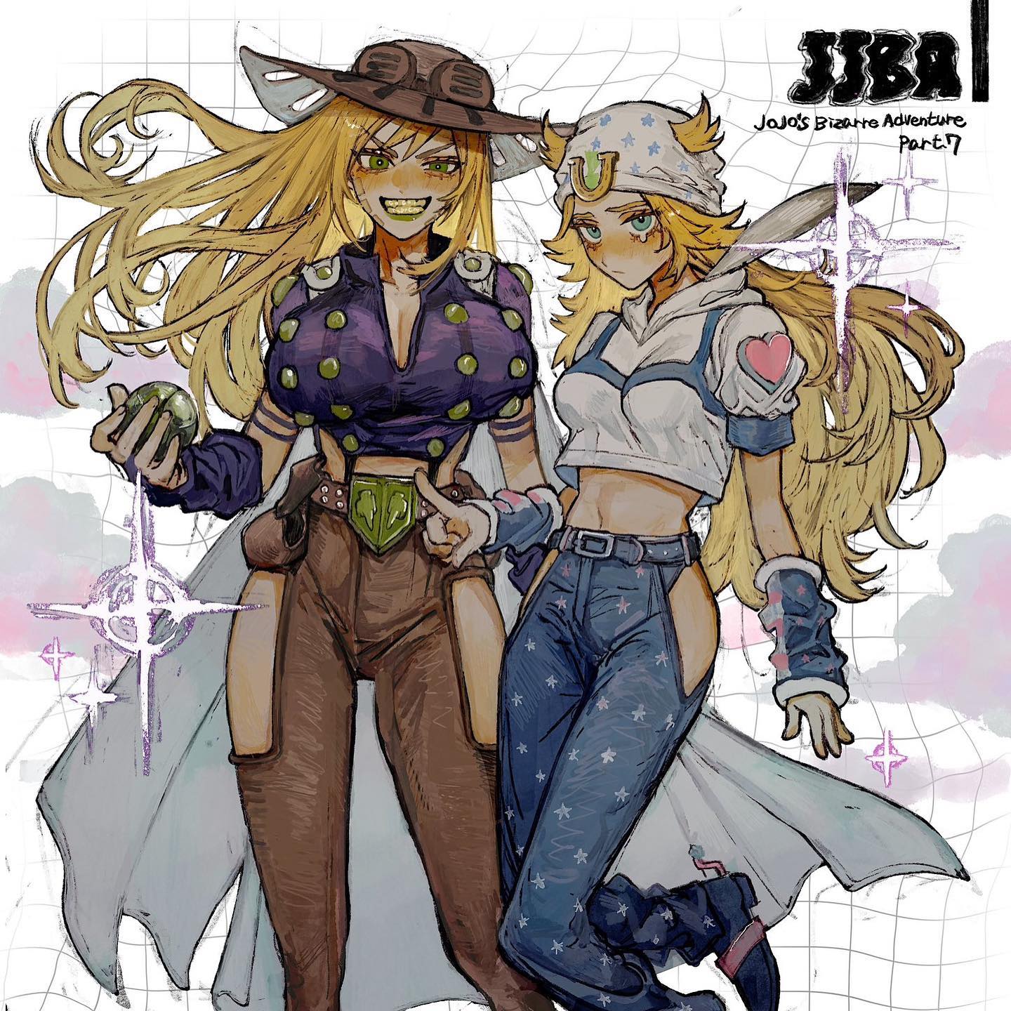 2girls, female, genderswap, genderswap (mtf), gyro zeppeli, johnny joestar, jojo reference, jojo's bizarre adventure, rule 63, steel ball run