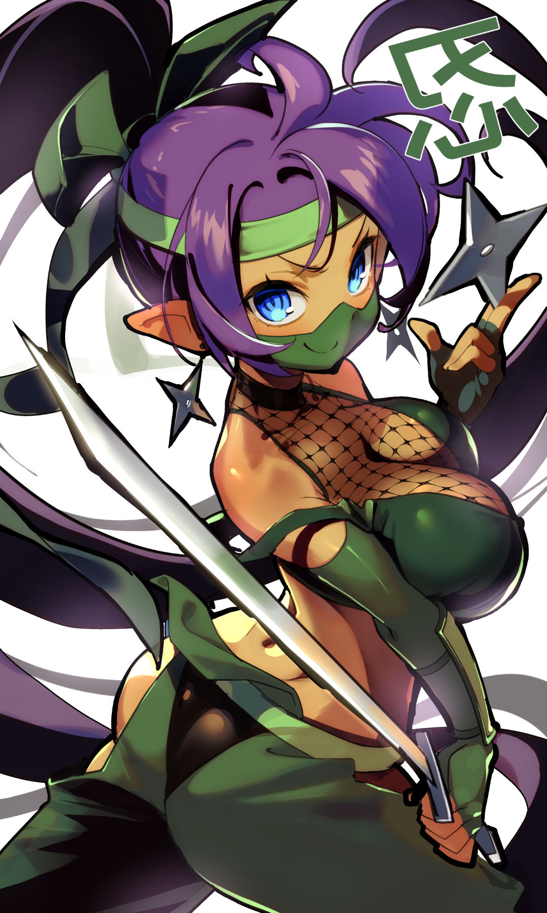 1girls, ass, big breasts, blue eyes, boobs and butt pose, breasts, busty, cleavage, dark skin, dark-skinned female, english text, female, female only, fully clothed, holding object, holding weapon, katana, large breasts, life is pi, ninja, ninja mask, purple hair, shantae, shantae (character), shinobi, shuriken, solo, sword, tagme, wayforward, weapon, weapons