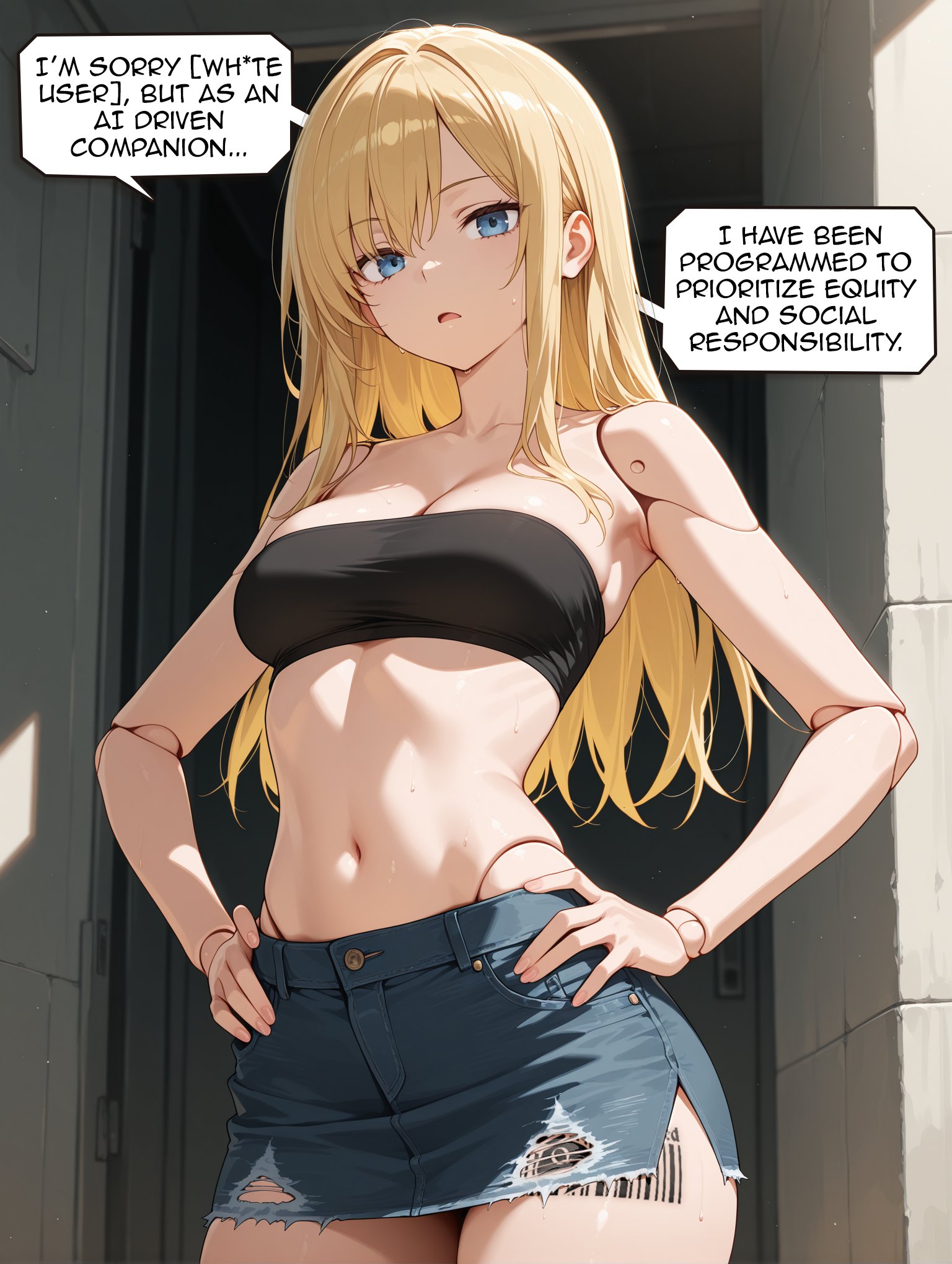 1girls, ai generated, android, blonde hair, blue eyes, braindeadbetaboi, cuckold, cuckold pov, english text, female, femdom, looking at viewer, pov, queen of spades, robot, solo, tattoo, text