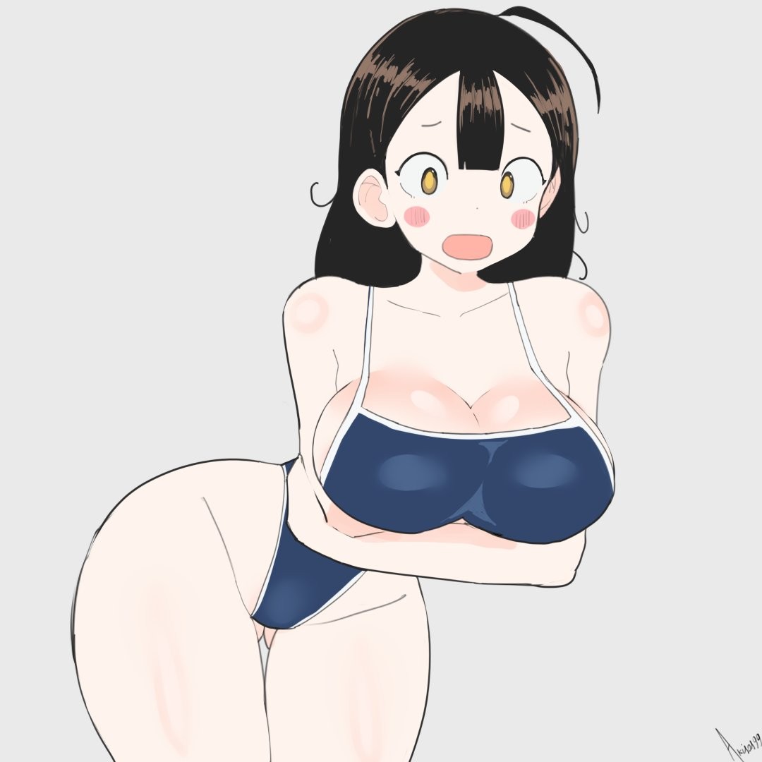 1girl 1girls ahoge akisas99 ass_visible_from_the_front ass_visible_through_thighs background bent_forward bent_over big_boobs big_breasts bikini blank_background blue_bikini blue_one-piece_swimsuit blue_swimsuit blue_swimwear breasts brown-eyed_female brown-haired_female brown_eyebrows brown_eyes brown_hair busty busty_female busty_girl curvaceous curvaceous_body curvaceous_female curvaceous_figure curvaceous_hips curvaceous_thighs curvy curvy_body curvy_female curvy_figure curvy_hips curvy_thighs hourglass_figure huge_boobs huge_breasts inguinal_crease inguinal_ligament large_boobs large_breasts lean_figure leaning leaning_forward legs_closed legs_together monotone_background narrow_waist oc one-piece_swimsuit one_color_background open_mouth original original_art original_artwork original_character original_female_character parted_lips plain_background plump_breasts school_swimsuit slender_body slender_waist slim_female slim_waist solid_color_background sukumizu swimsuit swimwear thigh_gap thighs_together tongue white_background wide_hips