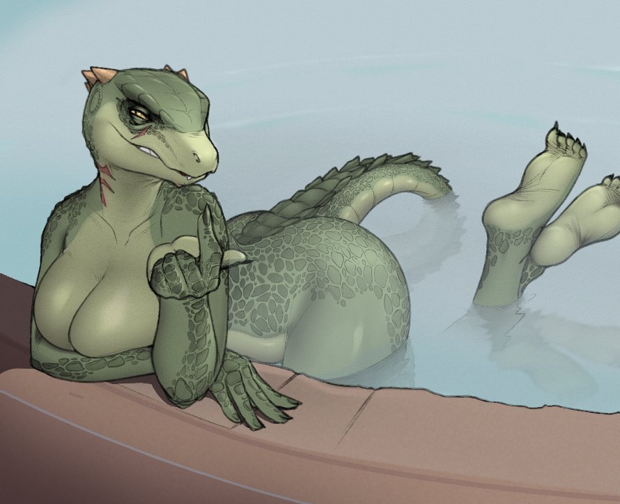 argonian breasts cokesero deeja feet female female_only green_body green_scales horns large_breasts reptile reptile_humanoid scalie seductive seductive_look solo tail water yellow_eyes