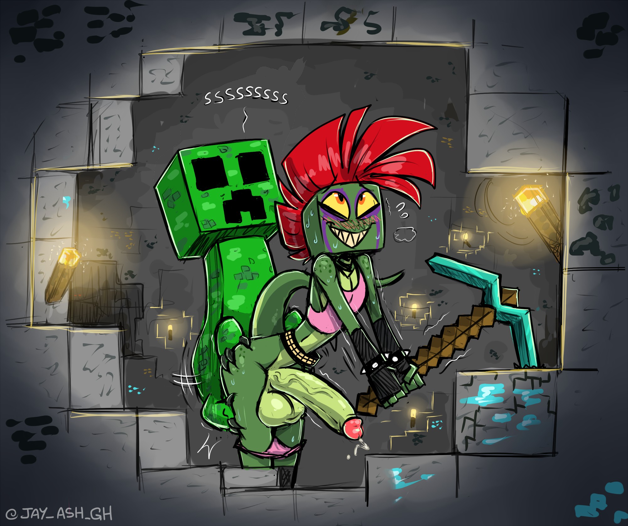 anal, anal sex, anthro, anthro on feral, anthro penetrated, ash (g-h-), ass, balls, belt, blush, blush lines, clothed, clothing, creeper (minecraft), crop top, cube head, duo, erection, eye roll, femboy, feral, feral penetrating, feral penetrating anthro, fishnet clothing, fishnet gloves, fishnet handwear, freckled shoulders, freckles, gay, gecko, genitals, ghastlygh, gloves, green body, green scales, grin, hair, half-closed eyes, handwear, hi res, huge cock, humanoid genitalia, humanoid penis, hung bottom, hung femboy, hung trap, lizard, looking pleasured, male, male penetrated, male penetrating, male penetrating male, male/male, microsoft, minecraft, mohawk, mojang, narrowed eyes, nonbinary, panties, panties down, partially clothed, penetration, penile, penile penetration, penis, penis in ass, pickaxe, red hair, reptile, scales, scalie, sex, sharp teeth, shirt, smile, studded belt, studs, teeth, teratophilia, topwear, underwear, underwear down, vein, veiny penis, xbox game studios, yaoi, yellow sclera