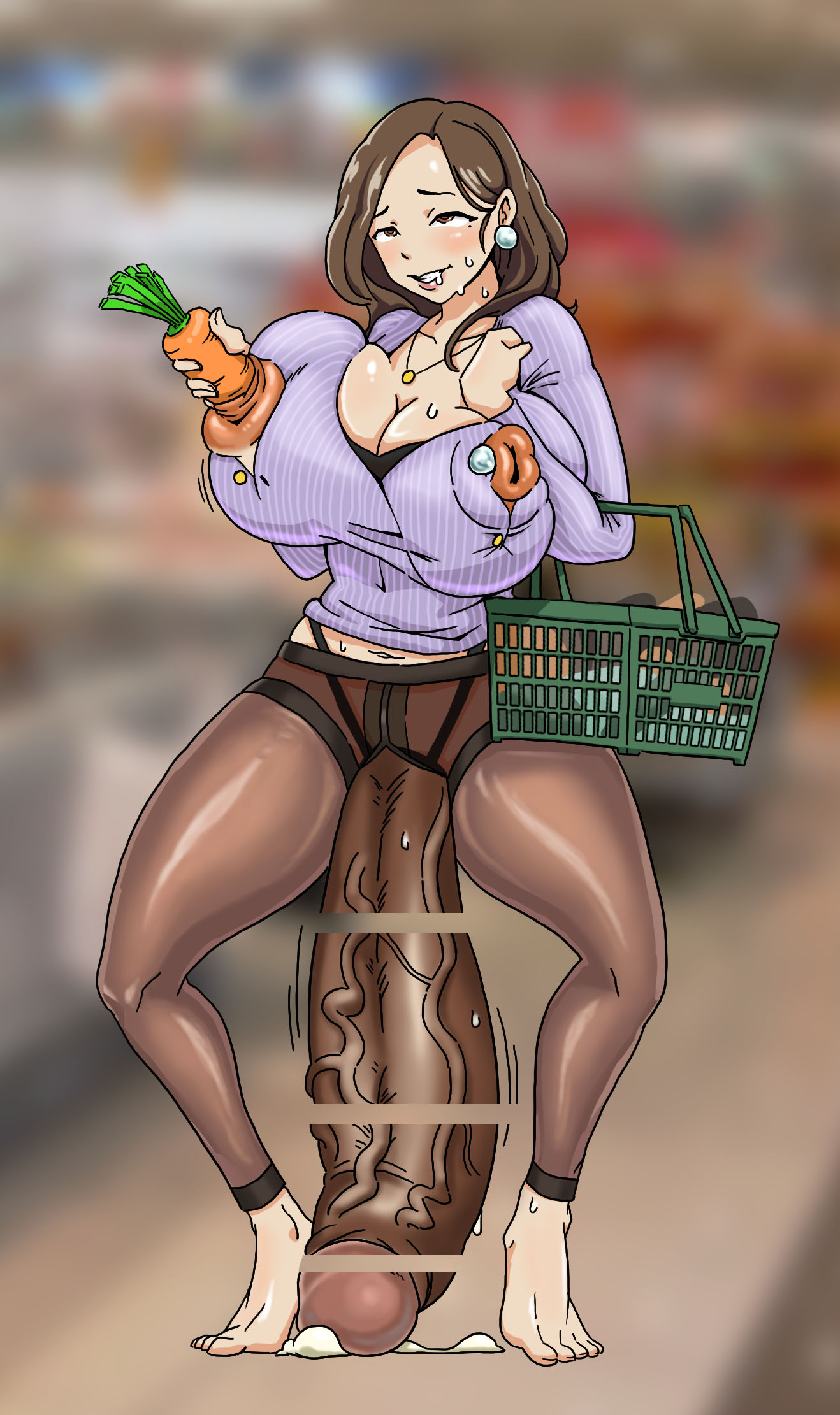 1futa, beauty mark, big penis, brown hair, censored, cum, futa only, futanari, gigantic penis, huge penis, hyper, hyper penis, intersex, leaking cum, masturbation, nikunigushii, nipple penetration, nipples, penis, solo, veiny penis