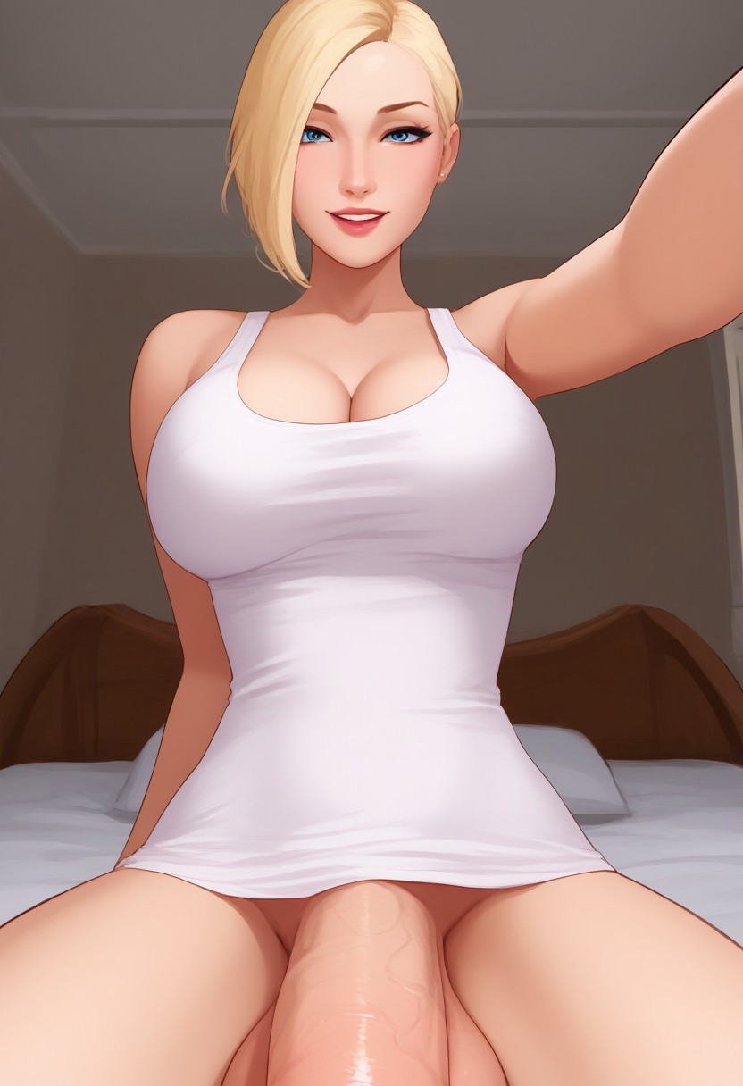 1futa 2d ai_generated aka6_(style) balls blonde_hair blondshell blue_eyes bob_cut bottomless bottomless_futanari breasts civitai cleavage erection fellatio futa_only futanari indoors large_breasts large_testicles layered_hair light-skinned_futanari light_skin looking_at_viewer original_character parted_lips penis pov short_hair taker_pov tank_top testicles white_tank_top