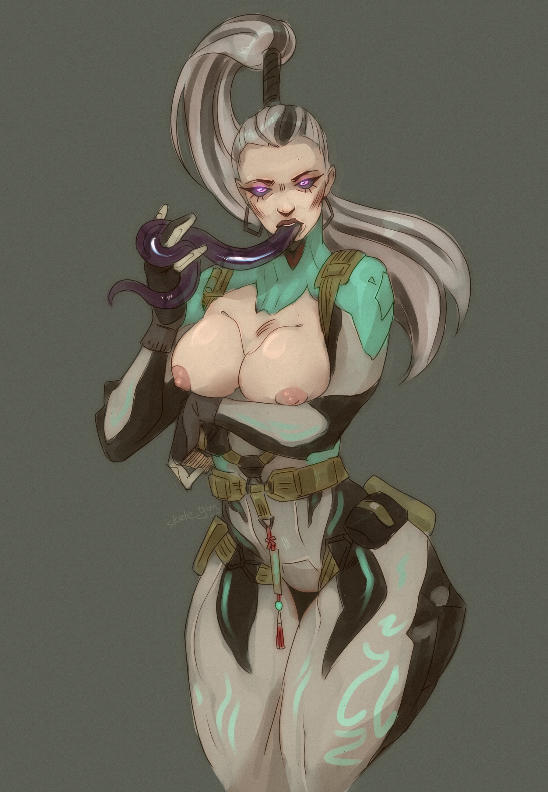 1girls, areolae, bodysuit, breasts, eleanor nightingale, female, long tongue, monster girl, nipples, ponytail, seductive, skele guy, tagme, warframe, warframe 1999
