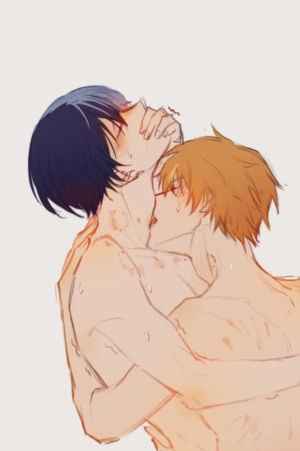 aoyagi_touya back_markings bitting bitting_marks bitting_neck blue_hair blush coloured covering_mouth enjoying gay half_body hugging kiss_mark licking licking_neck naked orange_hair shinonome_akito two_tone_hair