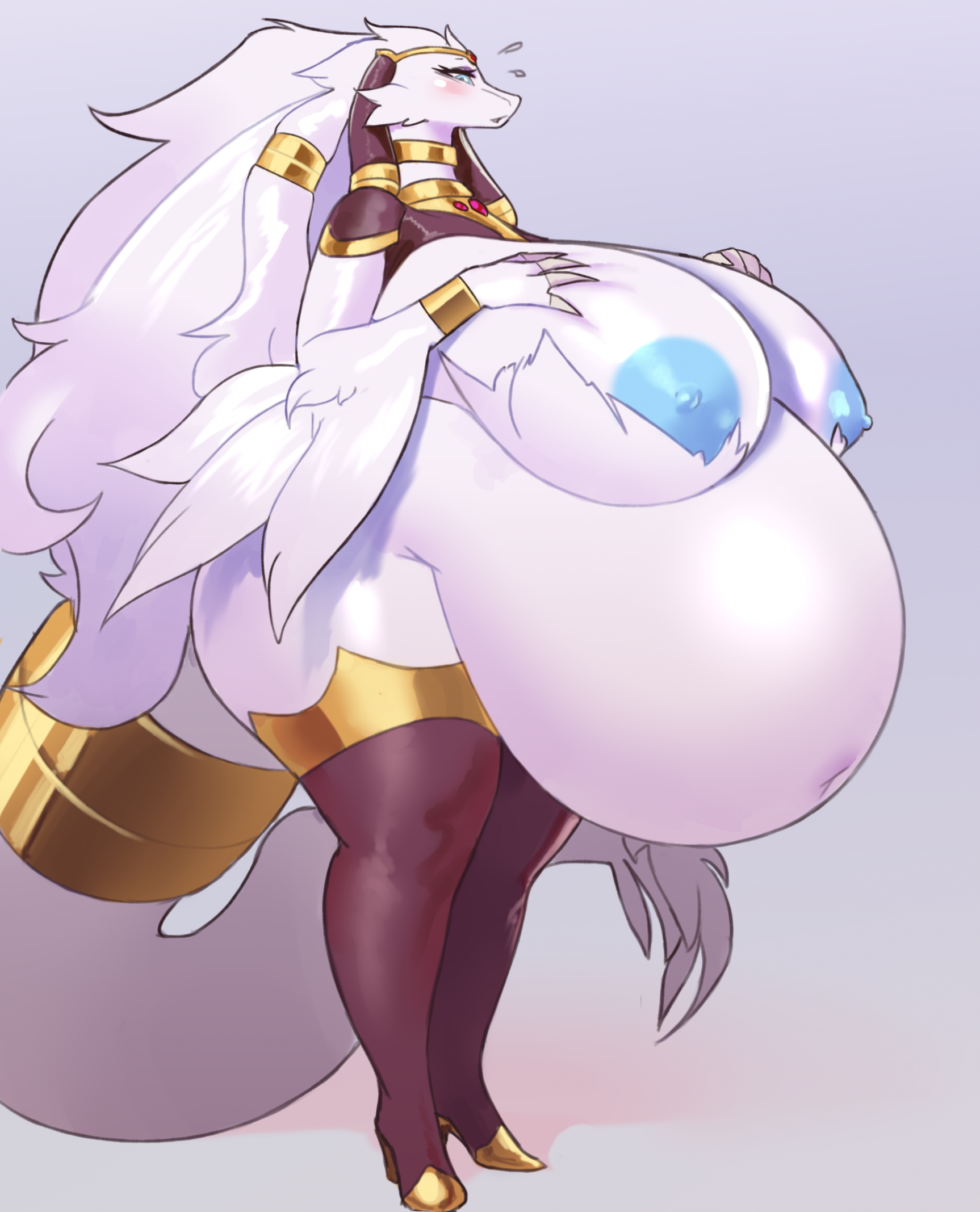 2025, anthro, anthrofied, areola, belly, big belly, big breasts, blue areola, blue eyes, blue nipples, blush, boots, breasts, clothed, clothing, female, footwear, full-length portrait, fur, generation 5 pokemon, hands on own breasts, hi res, high heeled boots, high heels, huge belly, huge breasts, hyper, hyper belly, legendary pokemon, legwear, mostly nude, nintendo, nipples, odisia, pokemon, pokemon (species), pokemorph, portrait, pregnant, pregnant anthro, pregnant female, ready to pop, reshiram, shoes, solo, tail, thick thighs, thigh boots, thigh highs, verity (e1lumi), white body, white fur, white tail