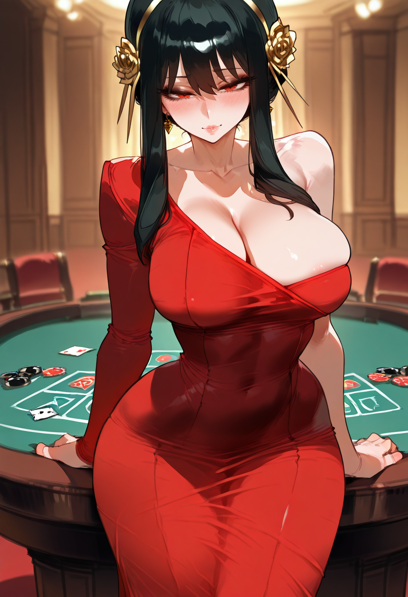 1girls ai_generated belly_button_visible_through_clothing big_breasts black_hair blush blushing casino cheating cheating_wife clothing dark_hair light-skinned_female light_skin netorare ntr randoai red_dress red_eyes sexy sexy_body solo spy_x_family thick_legs thick_thighs yor_briar yor_forger