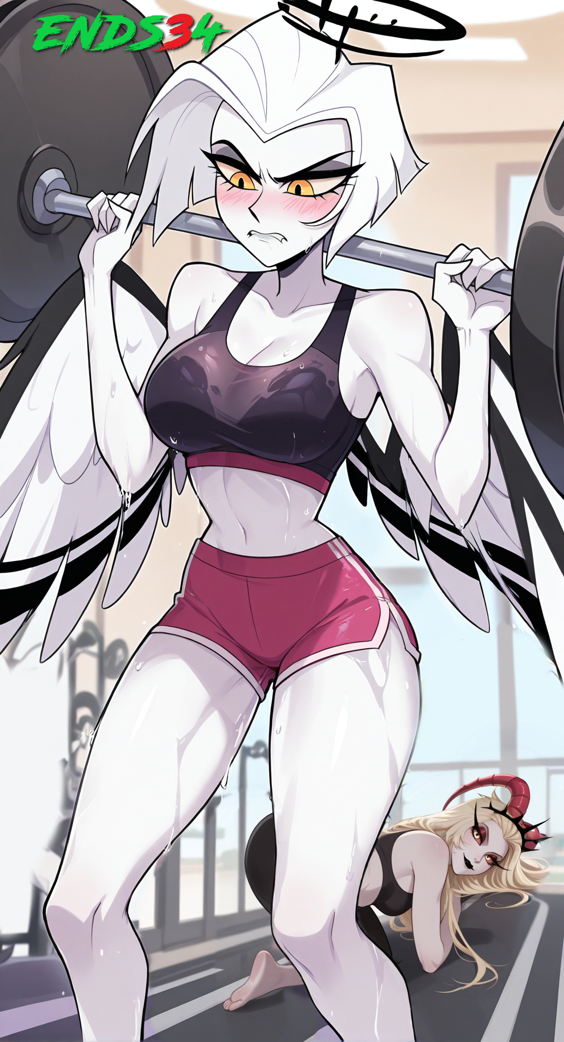 ai generated, blush, breasts, dolphin shorts, ends34, female, female focus, female only, fit, fit female, gym, gym uniform, hazbin hotel, lilith morningstar (hazbin hotel), lute (hazbin hotel), medium breasts, pink shorts, short hair, short shorts, shorts, sports bra, sports uniform, sportswear, wet, wet clothes, white hair