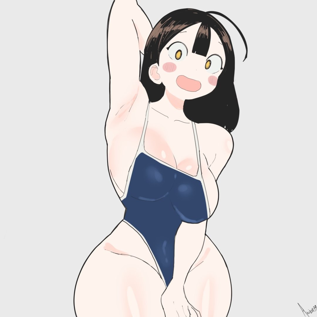 1girl 1girls akisas99 arm_behind_head armpit armpit_crease armpit_peek armpits background big_boobs big_breasts bikini blank_background blue_bikini blue_one-piece_swimsuit blue_swimsuit blue_swimwear breasts brown-eyed_female brown-haired_female brown_eyebrows brown_eyes brown_hair busty busty_female busty_girl covering covering_crotch covering_privates covering_pussy covering_self cowboy_shot curvaceous curvaceous_body curvaceous_female curvaceous_figure curvaceous_hips curvaceous_thighs curvy curvy_body curvy_female curvy_figure curvy_hips curvy_thighs eye-level_view from_front front_view hairless_armpits hand_behind_head hand_on_crotch hand_on_own_crotch hand_on_own_pussy hand_on_pussy hiding_pussy hourglass_figure huge_boobs huge_breasts inguinal_crease inguinal_ligament knees_out_of_frame large_boobs large_breasts lean_figure legs_closed legs_together monotone_background narrow_waist oc one-piece_swimsuit one_color_background open_mouth open_mouth_smile original original_art original_artwork original_character original_female_character parted_lips plain_background plump_breasts presenting_armpit school_swimsuit shaved_armpits slender_body slender_waist slim_female slim_waist solid_color_background sukumizu swimsuit swimwear thighs_together tongue top_view voluptuous voluptuous_body voluptuous_female voluptuous_figure voluptuous_woman white_background wide_hips
