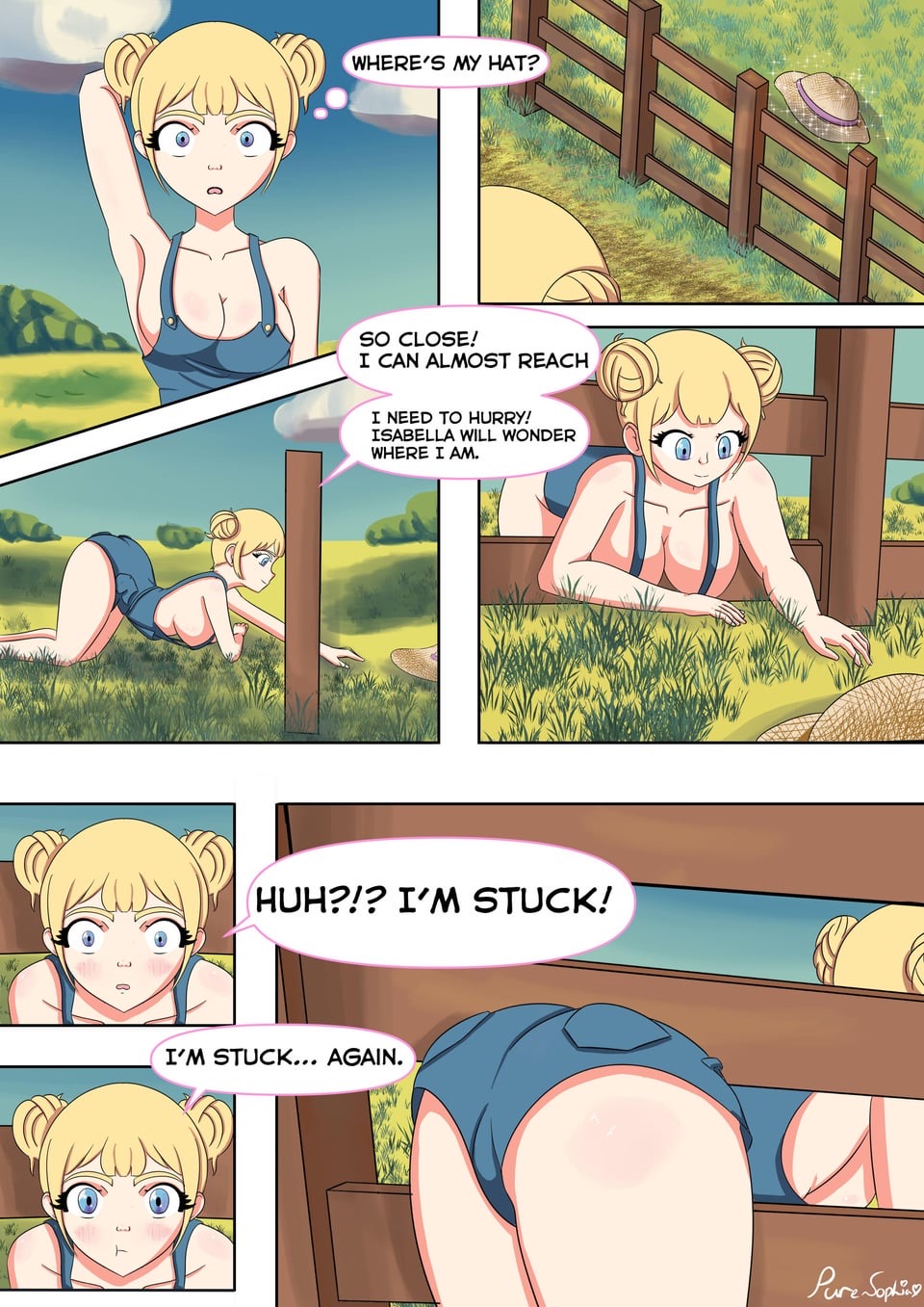 blonde_hair buns farmer farmer_girl puresophia stuck stuck_in_fence