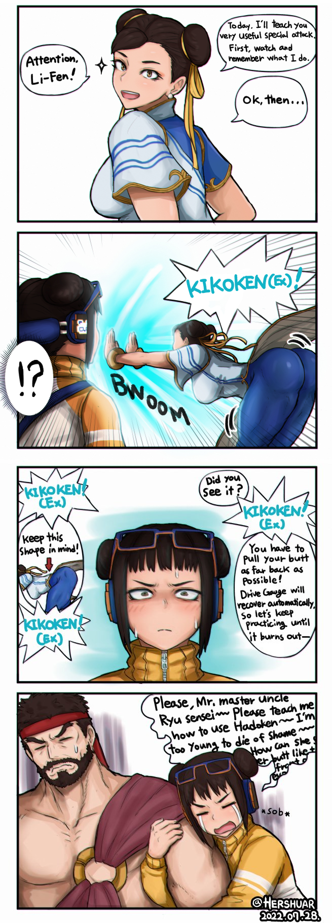 1boy 2022 2girls ass bandana brown_hair chinese_clothes chun-li comic crying crying_with_eyes_closed double_bun embarrassed english_text glasses glasses_on_forehead hershuar hugging_arm li-fen mother_and_daughter older_male ryu_(street_fighter) speech_bubble street_fighter street_fighter_6