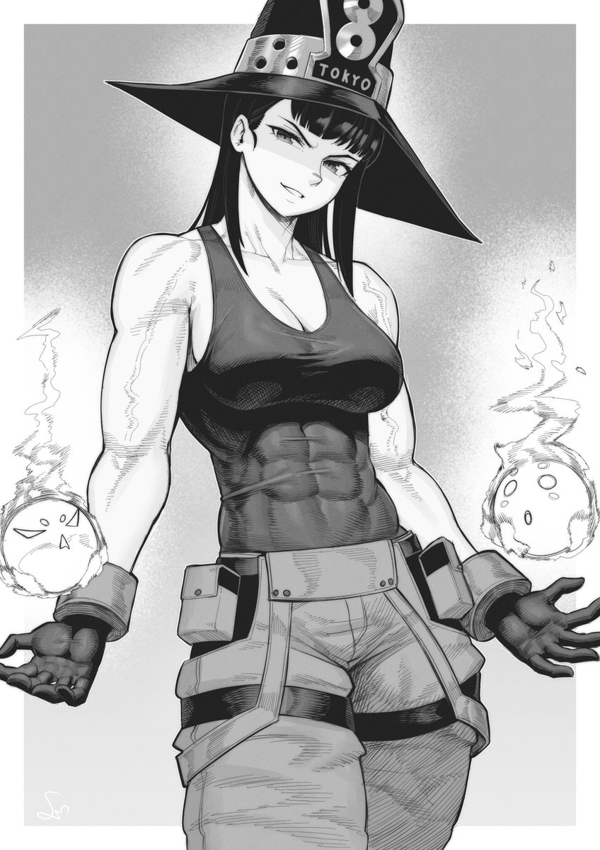 1girls, abs, bare shoulders, big breasts, black and white, black hair, blush, breasts, clothed, clothing, en'en no shouboutai, enen no shouboutai, female, female focus, female only, fire, fire force, gloves, hi res, large breasts, long hair, looking at viewer, muscular, muscular arms, muscular female, oze maki, solo, solo female, speedl00ver, tagme, thighs, veins, witch hat