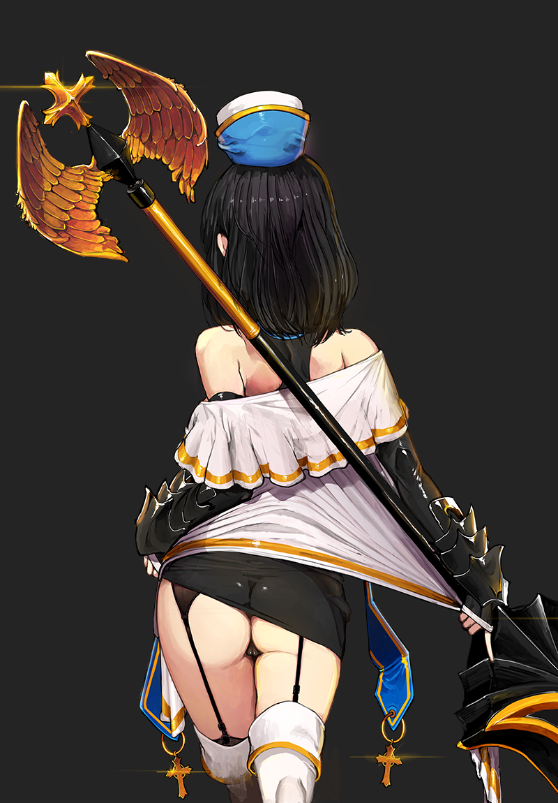 1girls back black_panties dark_hair dungeon_and_fighter dungeon_fighter_online female female_crusader_(dungeon_and_fighter) female_only happening18 looking_away skirt_lift stockings