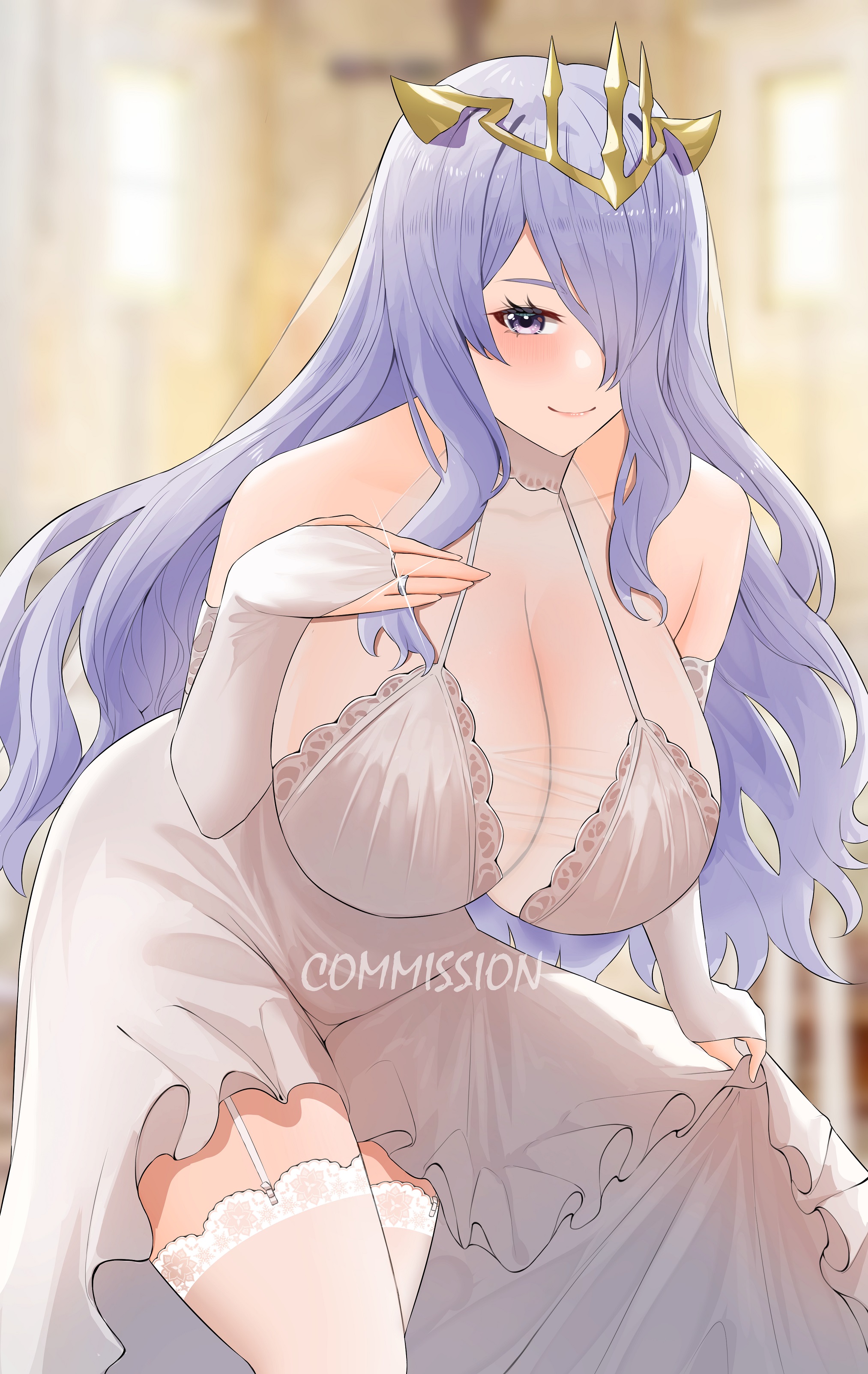 1girls, absurdres, alternate costume, bare shoulders, breasts, bridal gauntlets, bride, camilla (fire emblem), cleavage, commission, crown, dress, female, fire emblem, fire emblem fates, garter straps, genm7, hair over one eye, highres, huge breasts, jewelry, leaning forward, light skin, light-skinned female, long hair, looking at viewer, nintendo, purple eyes, purple hair, ring, see-through, smile, solo, thighhighs, thighs, uncensored, wavy hair, wedding dress, wedding ring