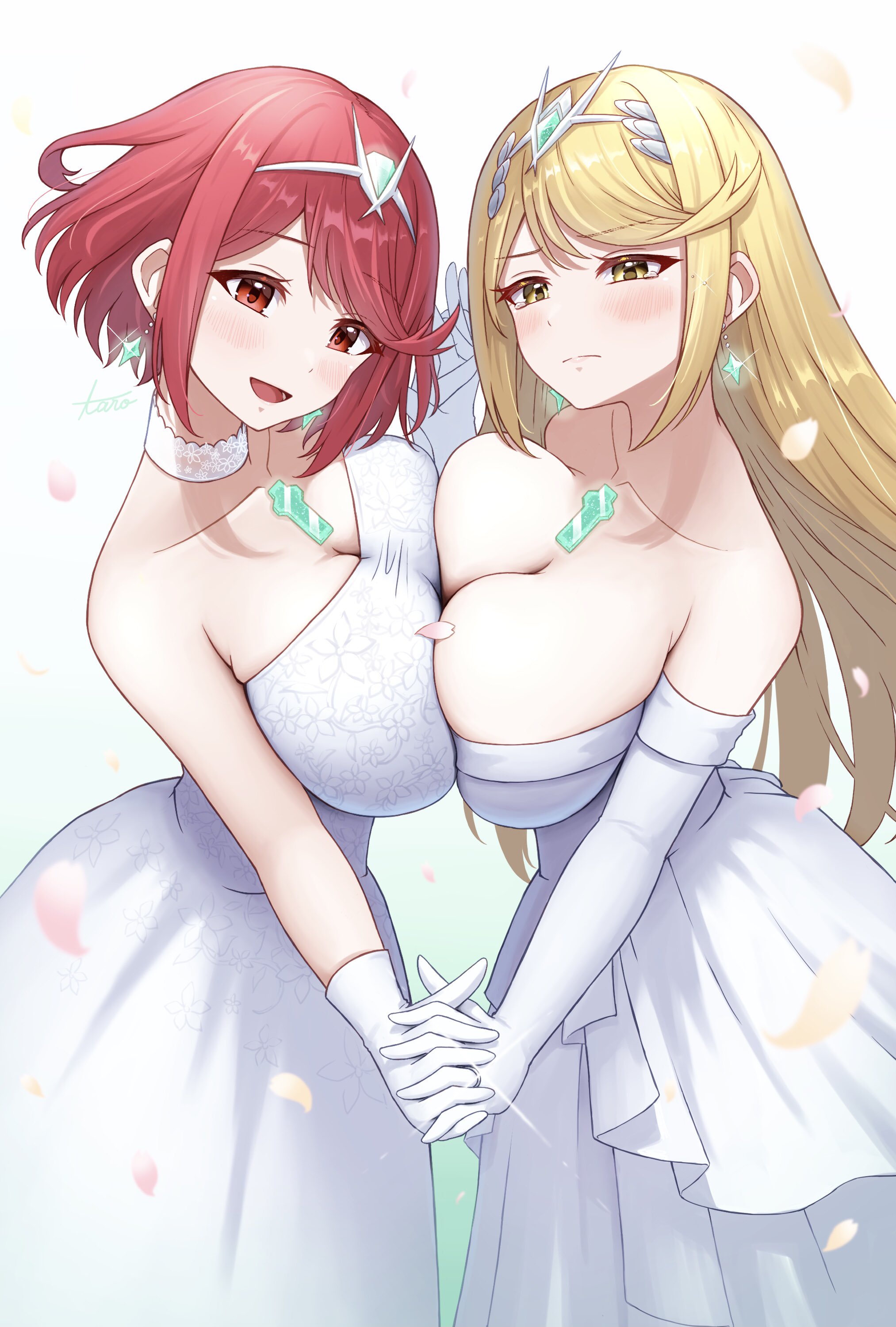 2girls, alternate costume, big breasts, breasts, breastsrncore crystal, bride, female, female only, mythra, nintendo, pyra, symmetrical docking, taro (peach taro51), wedding dress, xenoblade (series), xenoblade chronicles 2