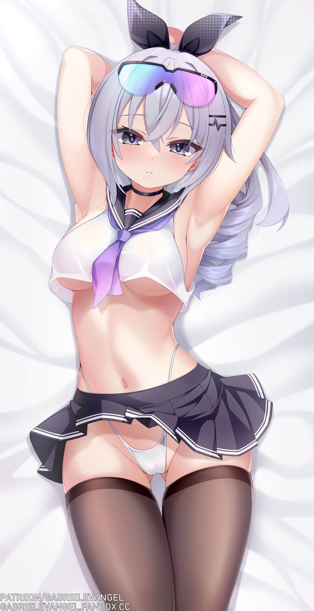 1girls, armpits, arms behind head, body pillow, breasts, cameltoe, eyewear on head, fanbox url, female, female focus, female only, honkai: star rail, kneesocks, large breasts, lying on bed, midriff, miniskirt, patreon url, pussy, serafuku, silver wolf (honkai: star rail), thick thighs, underboob, wide hips