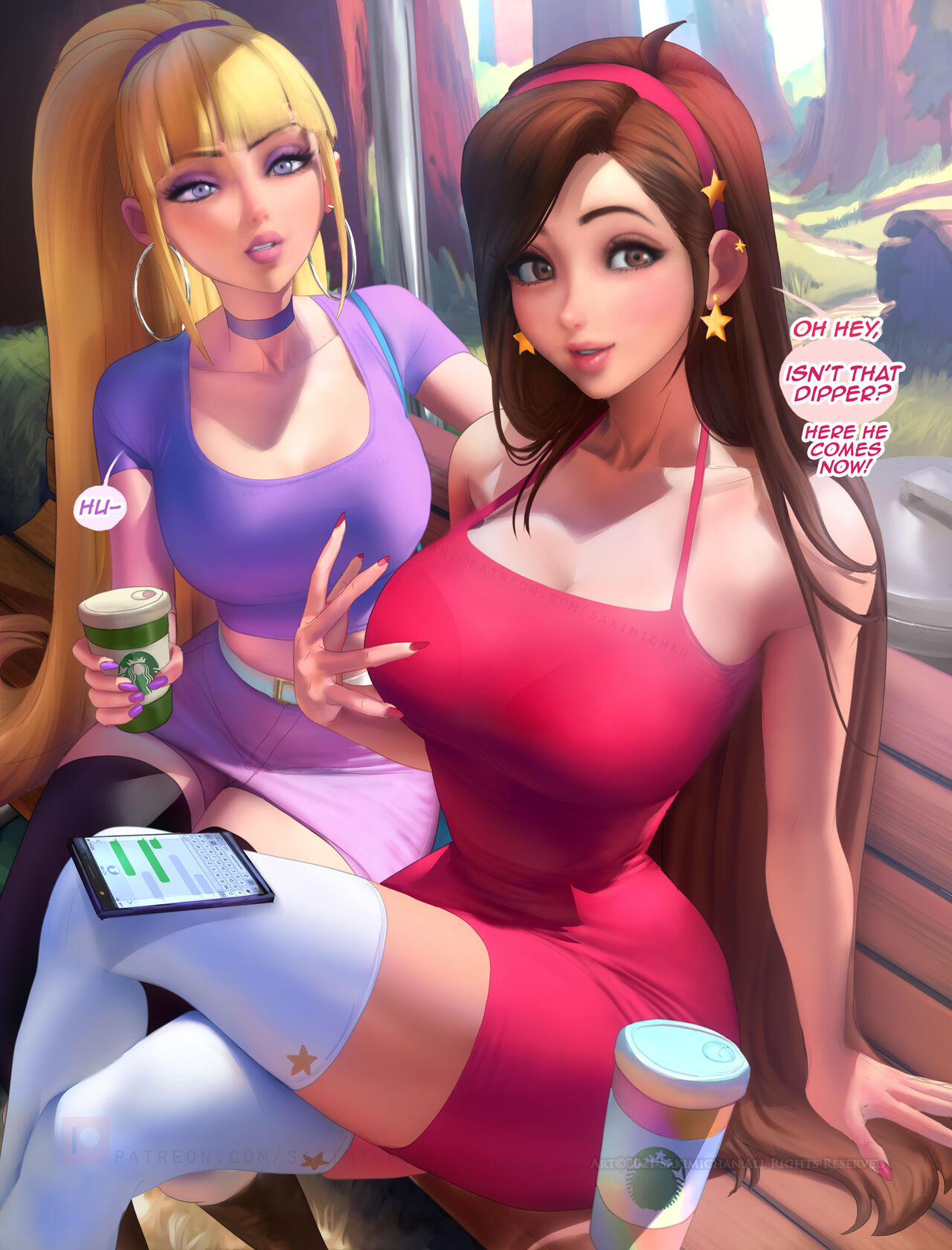 2girls, aged up, big breasts, blonde hair, breasts, brown hair, choker, coffee, disney, disney channel, disney xd, ear rings, female, gravity falls, long hair, mabel pines, multiple females, multiple girls, pacifica northwest, phone, sakimichan, thighhighs