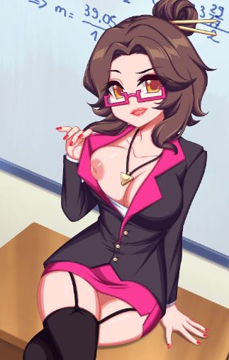 1girls accurate_art_style breasts brown_hair crush_crush female female_focus garter_straps glasses hair_bun inverted_nipples looking_at_viewer miss_desiree_(crush_crush) nutaku sad_panda_studios short_skirt stockings teacher yellow_eyes