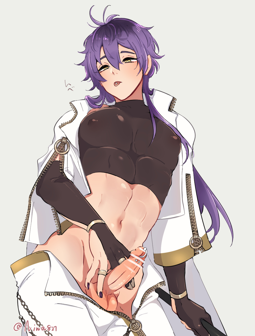 1boy bishounen black_gloves blush commentary_request covered_nipples crop_top elbow_gloves erection fingerless_gloves girly_boy gloves hair_between_eyes half-closed_eyes highres jacket jewelry long_hair looking_at_viewer male_focus navel niwa_(niwa827) no_male_underwear nu:_carnival open_clothes open_jacket pants partially_fingerless_gloves pectorals penis penis_piercing piercing puffy_nipples purple_hair rin_(nu:_carnival) shiny_clothes shiny_skin solo testicles tongue tongue_out tongue_piercing twitter_username unzipped white_background white_pants yellow_eyes