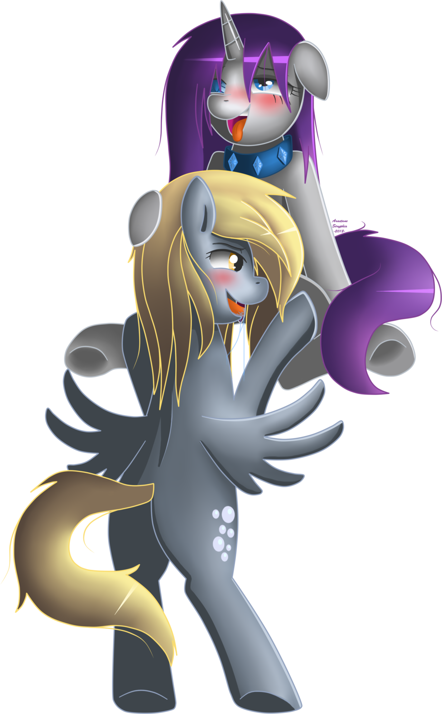 blush collar derpy_hooves duo equid equine female female/female friendship_is_magic grey_body hair_between_eyes hasbro hi_res horn horse mammal my_little_pony open_mouth pegasus pony rarity_(mlp) spread_legs spreading tongue tongue_out unicorn white_body wings yuri