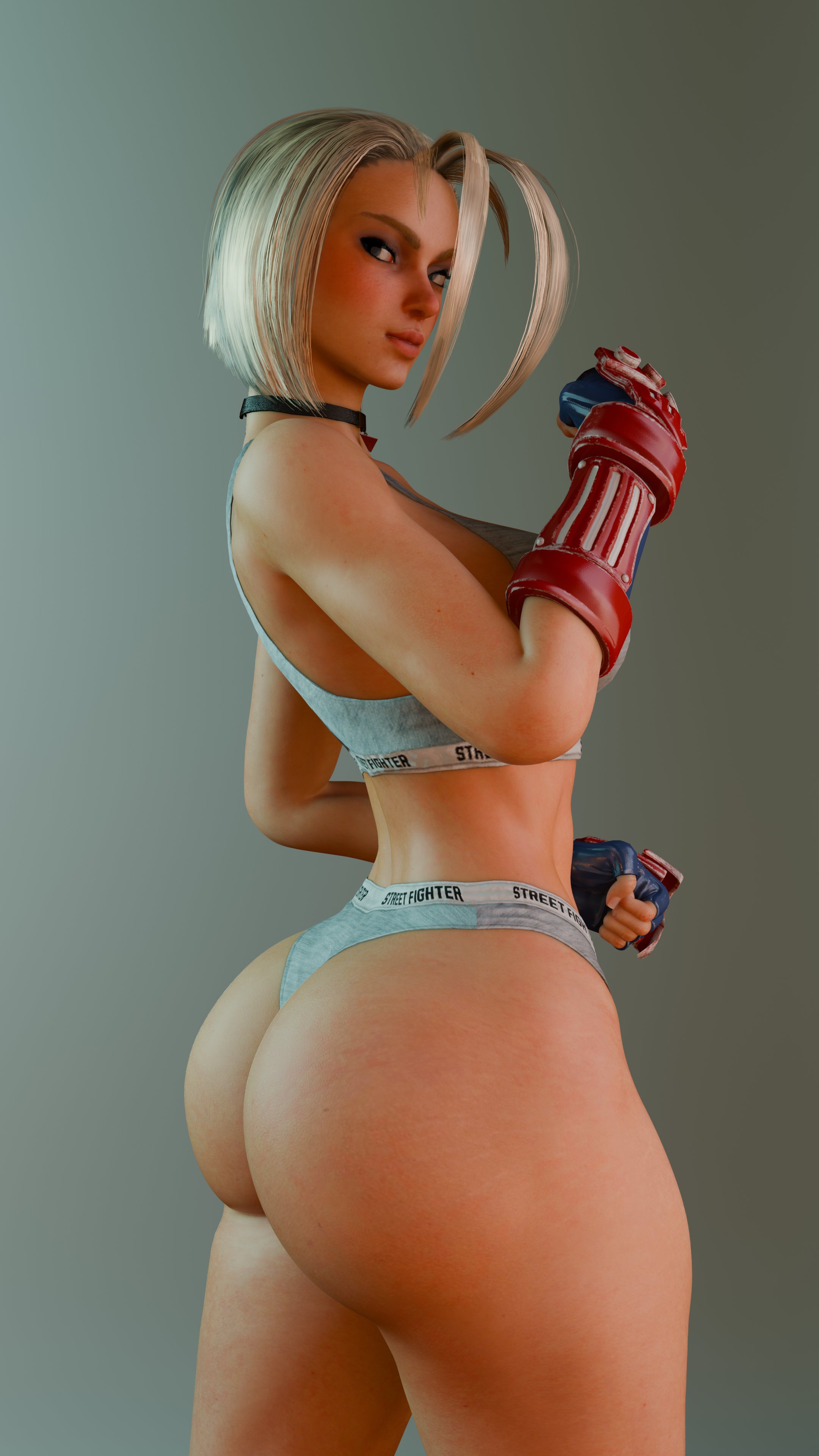 1girls, 3d, 3d (artwork), armwear, ass, ass view, back view, big ass, big hips, big thighs, blonde hair, bubble ass, bubble butt, calvin klein, cammy white, cpt-flapjack, female, female only, high resolution, large ass, looking at viewer, looking back, neckwear, no pants, panties, pantsless, rear view, short hair, simple background, solo, solo female, sports bra, sports panties, standing, street fighter, street fighter 6, thick thighs, thighs, very high resolution