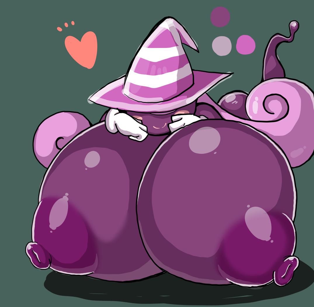 blush, breast expansion, breast growth, breast growth (enlargement), breasts, excessive size, female, female only, ghost, gloves, hair between eyes, huge breasts, hyper, hyper breasts, laying down, mario (series), nintendo, paper mario, paper mario: the thousand-year door, petronoise, pink hair, purple nipples, purple skin, smile, smiling, vivian (paper mario), witch hat