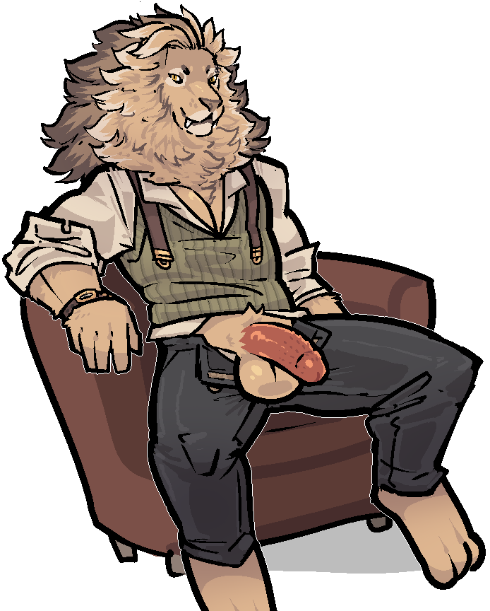 alpha_channel anthro armchair balls biped bodily_fluids bottomwear chair clothed clothing felid fingers furniture genital_fluids genitals glans humanoid_genitalia humanoid_penis jam_(artist) lion male mammal mane pantherine pants penis precum shirt simple_background solo topwear transparent_background