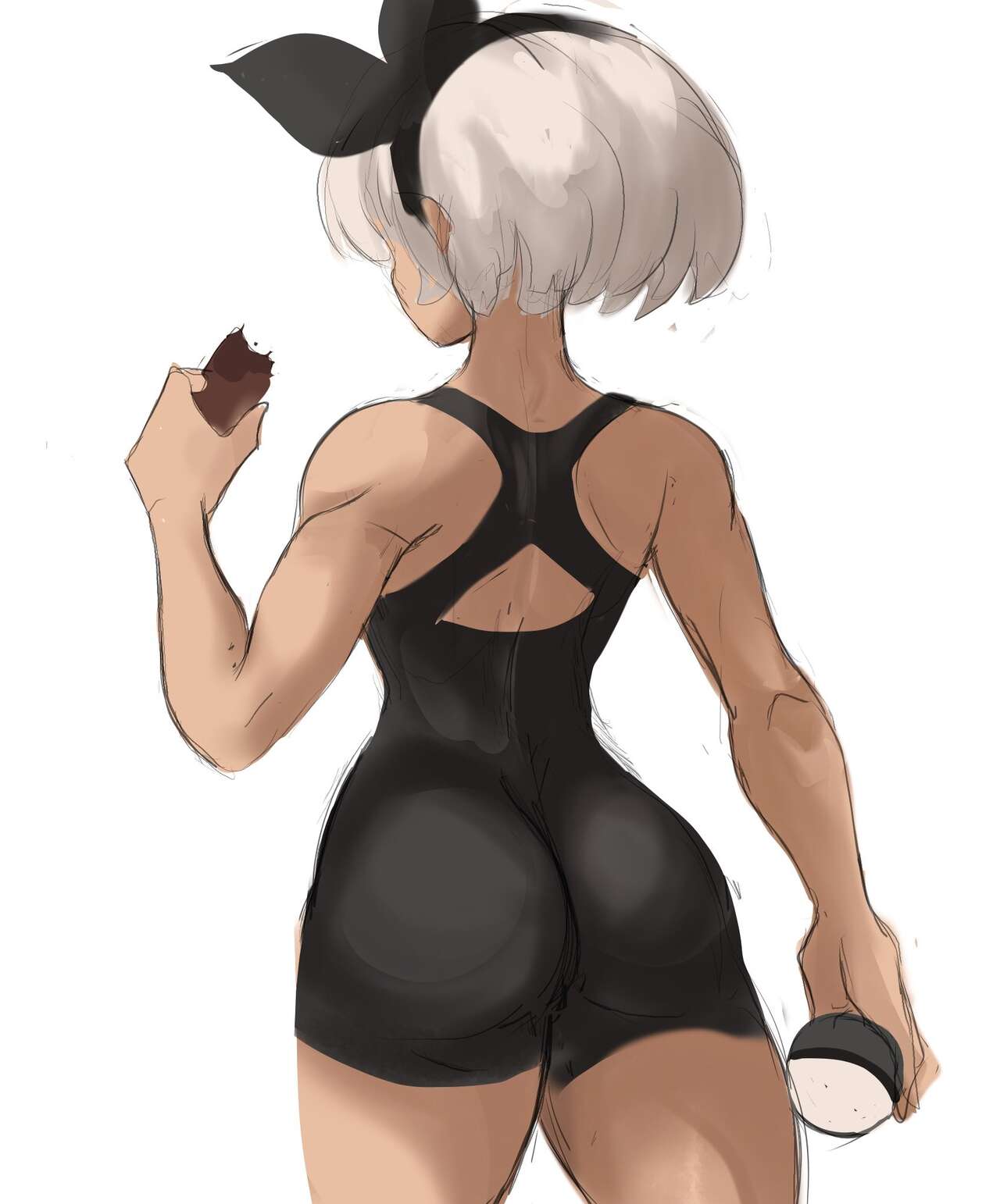 1girls, ass, back view, bea (pokemon), big ass, female, grey hair, grey-haired female, hair ornament, nintendo, pokemon, pokemon sm, rakeemspoon, solo, solo female, tight clothing
