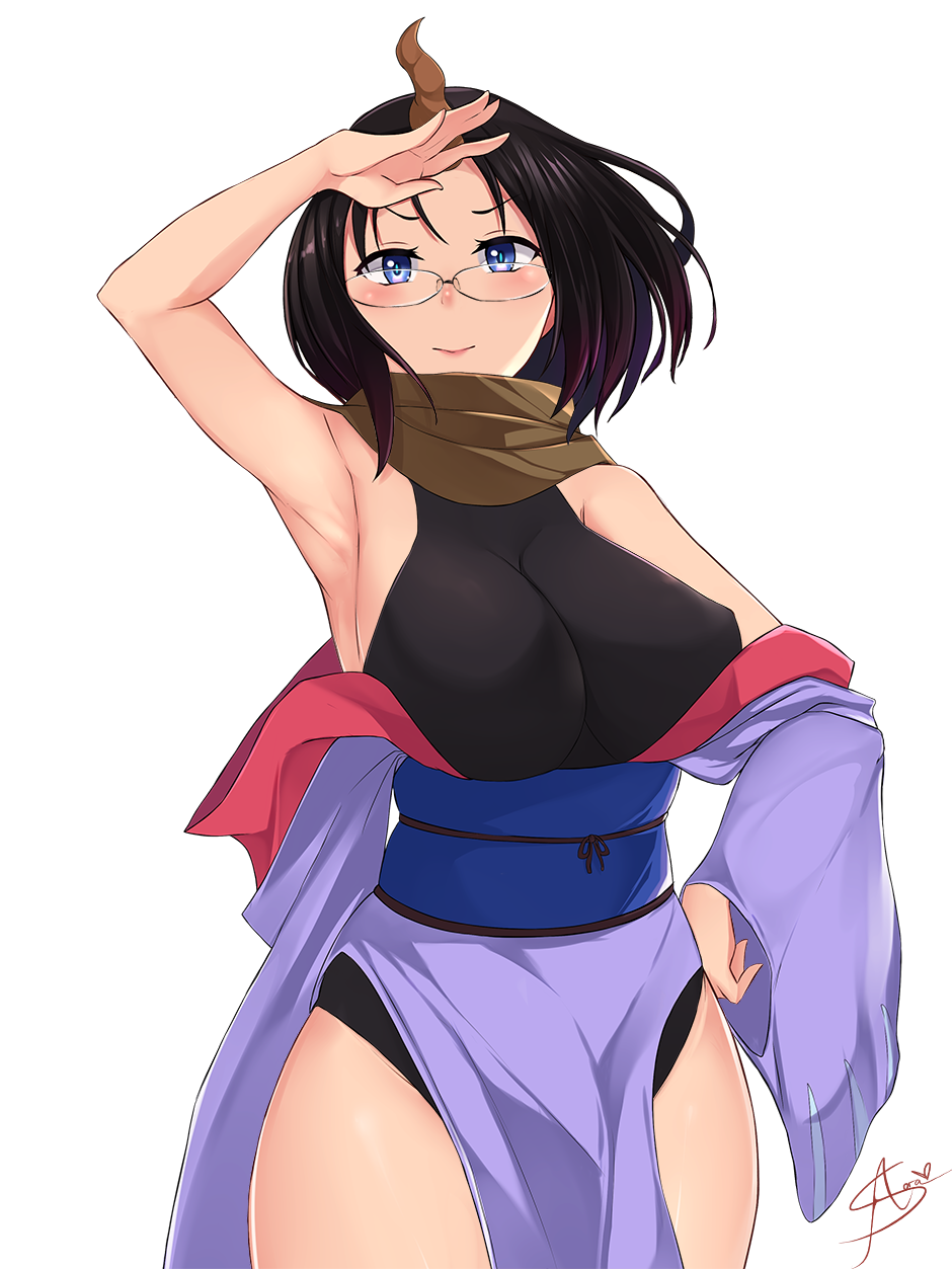 aori_sora arm_up armpits bare_shoulders black_hair blue_eyes blush breasts closed_mouth commentary_request dragon_girl dragon_horns elma elma_(dragon_maid) female glasses gradient_hair groin hand_on_own_hip highres horns japanese_clothes kimono kobayashi-san_chi_no_maidragon large_breasts leotard leotard_under_clothes long_sleeves looking_at_viewer miss_kobayashi's_dragon_maid multicolored_hair off_shoulder pelvic_curtain pink_lips salute sash scarf short_hair signature sleeveless smile solo two-tone_hair white_background wide_sleeves