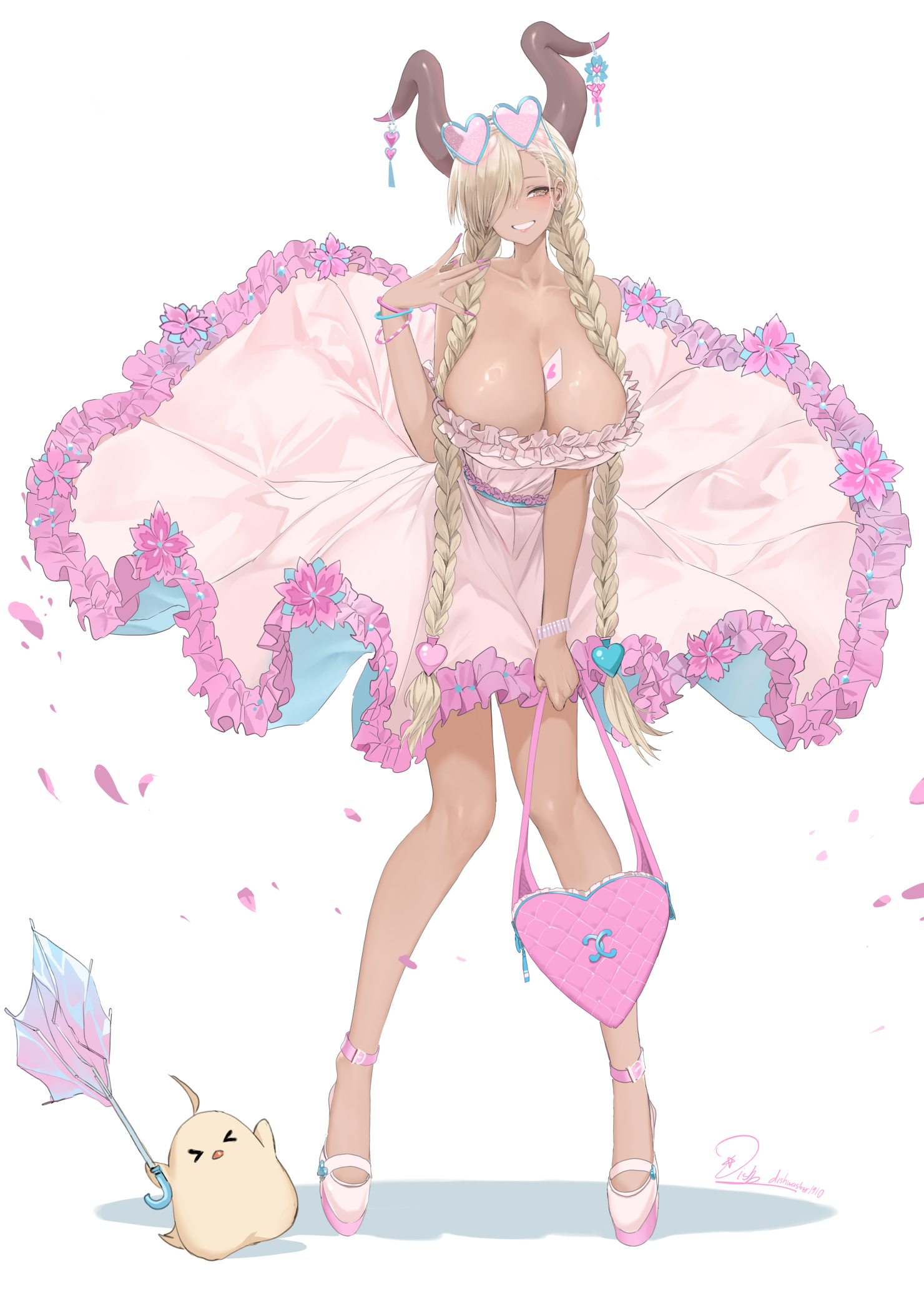 1girls, azur lane, blonde hair, breasts, brown skin, cleavage, dishwasher1910, female, gyaru, hair over one eye, hi res, horns, huge breasts, long hair, owari (azur lane), smile, tan, tan-skinned female, tanned skin, twin braids