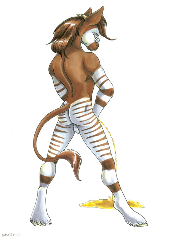 1boy 2004 anthro ass ayame_emaya back back_view backsack butt_cheeks butt_crack furry giraffe glasses hooves horns male ogun_(ayame_emaya) okapi peeing pissing tail testicles watersports