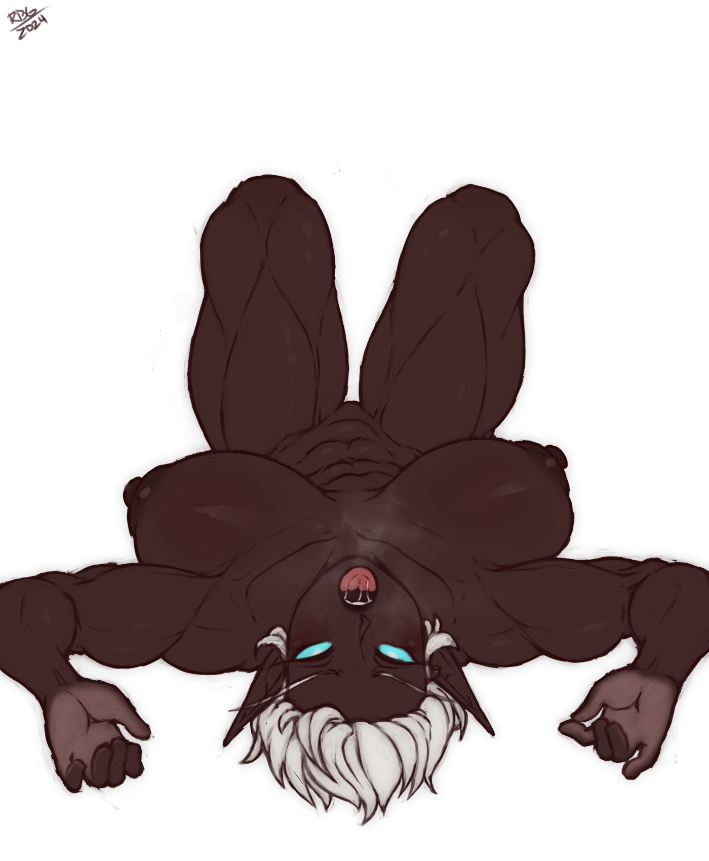 1girls, abs, african female, areolae, blue eyes, breasts, dark elf, dark skin, dark-skinned female, elf, elf ears, elf female, empty eyes, female, female only, hi res, looking at viewer, lying, lying on back, muscles, muscular, muscular female, muscular thighs, nipples, nude, nude female, open mouth, randomboobguy, solo, steamy breath, tongue, tongue out, very dark skin, white background, white hair